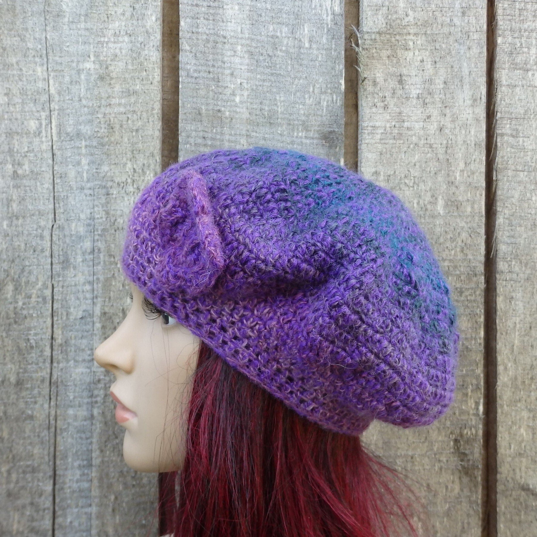 Hand crocheted Colorful Purple plain Beret with crochet flower