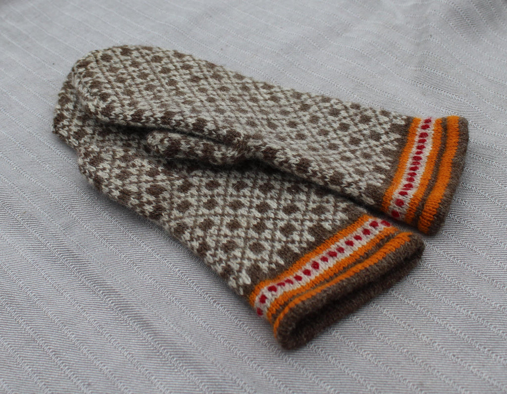 Pair of knitted mittens with a pattern on a gray fabric background