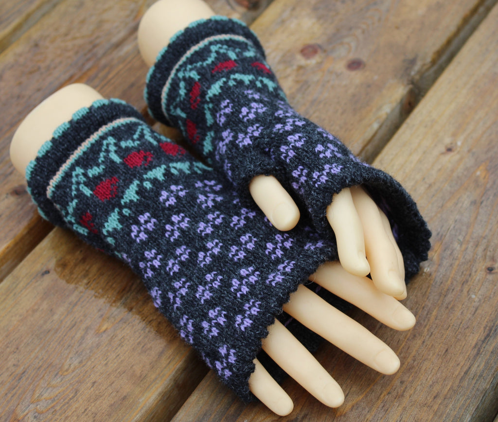 arm warmers, knitted Latvian fingerless gloves, handmade wool dark gray half mittens