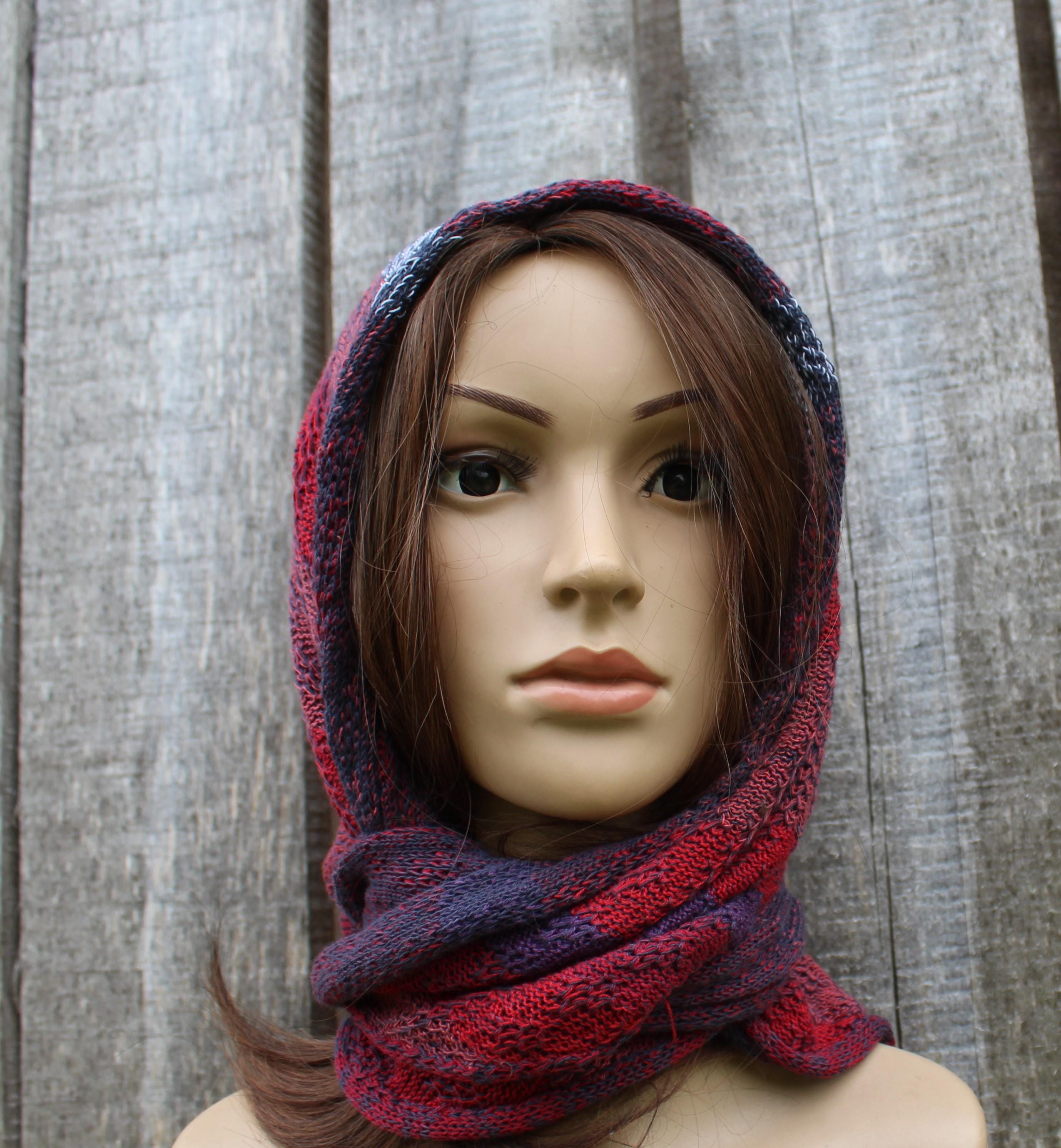 Cotton red blue head kerchief,  colorful triangle shawl, knit modern scarf