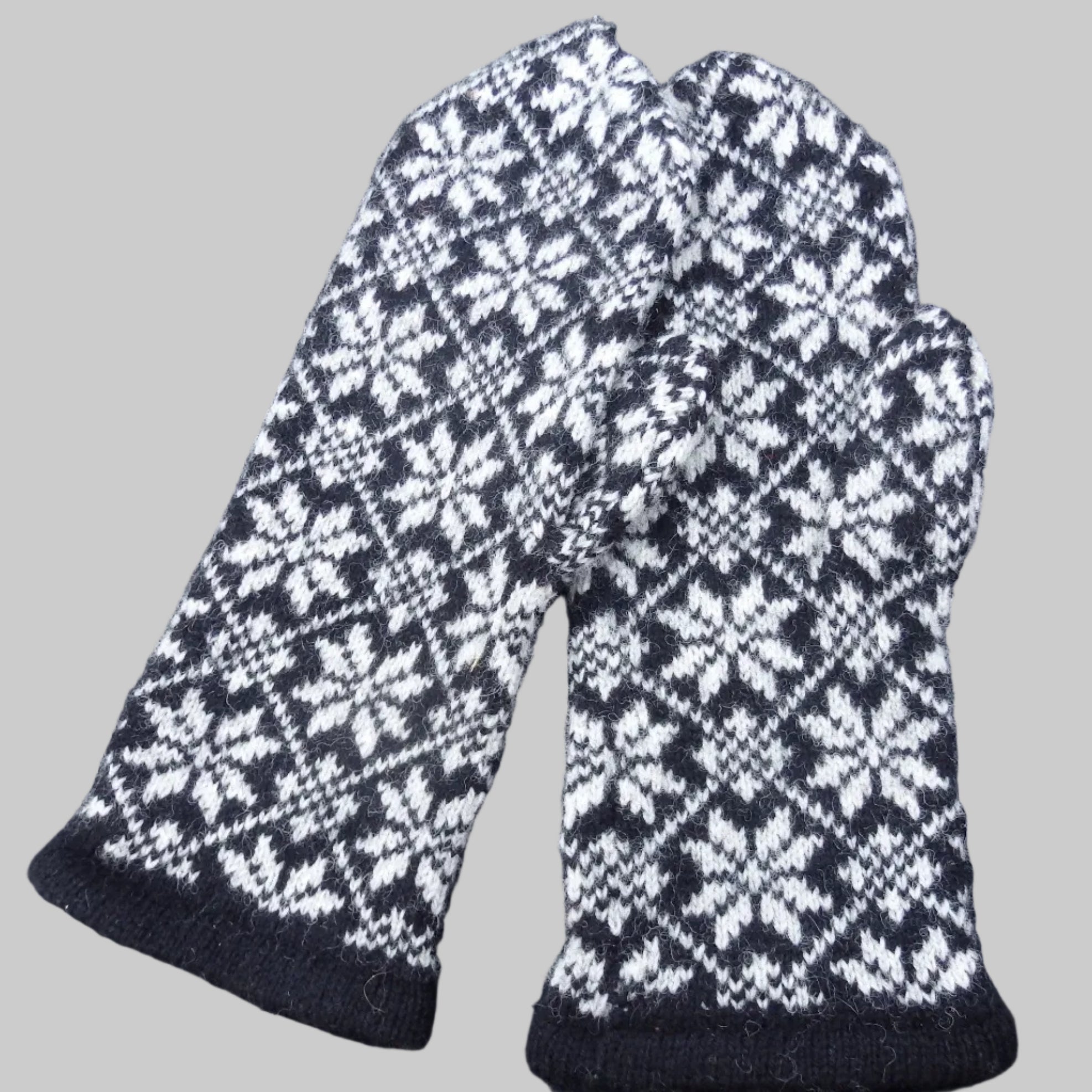 Knitted mittens with a black and gray pattern 