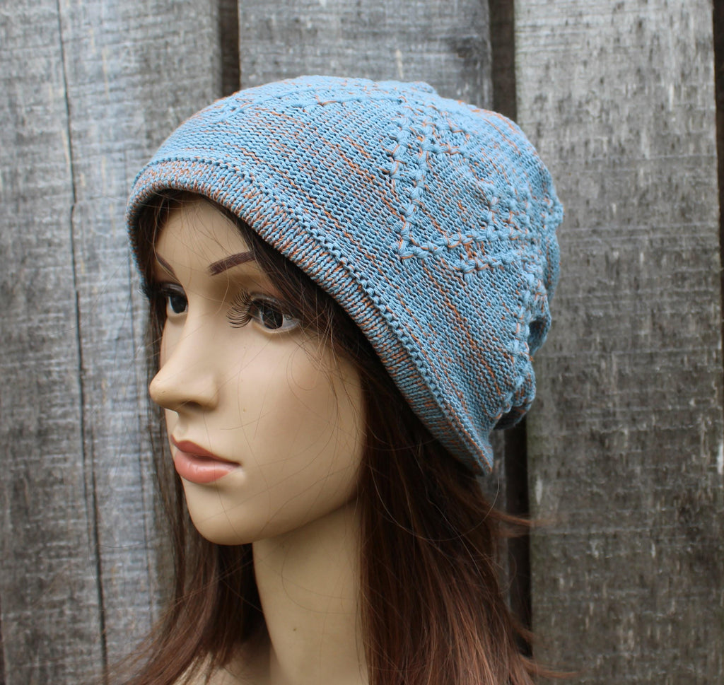 knit colorful light blue  orange cotton hat, knitted mid season hat, Handmade breathable beanie