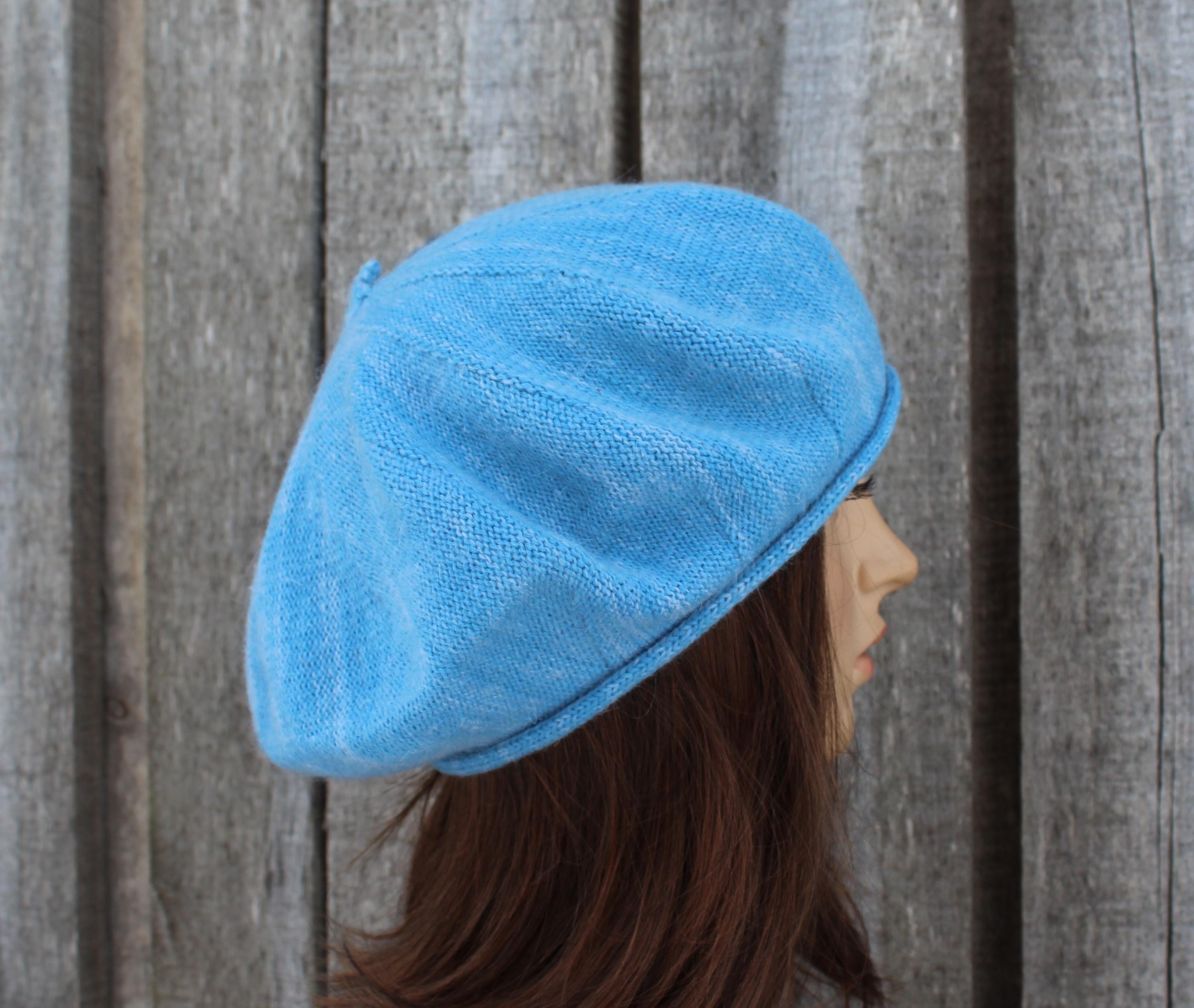 Sky Blue Embroidered Merino Blend Beret | Artisan Hand-Knitted Autumn Hat