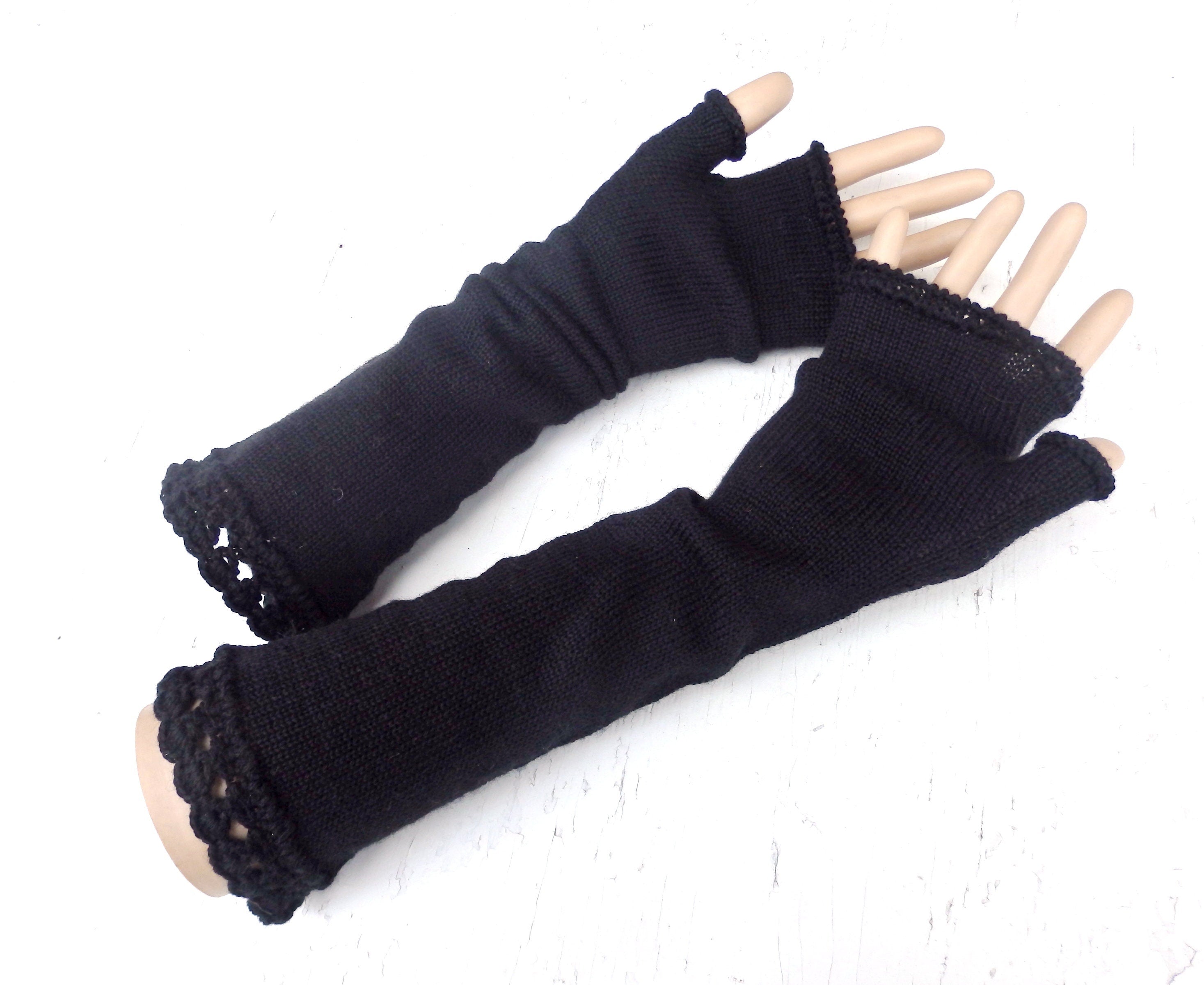 knit black long wool fingerless gloves