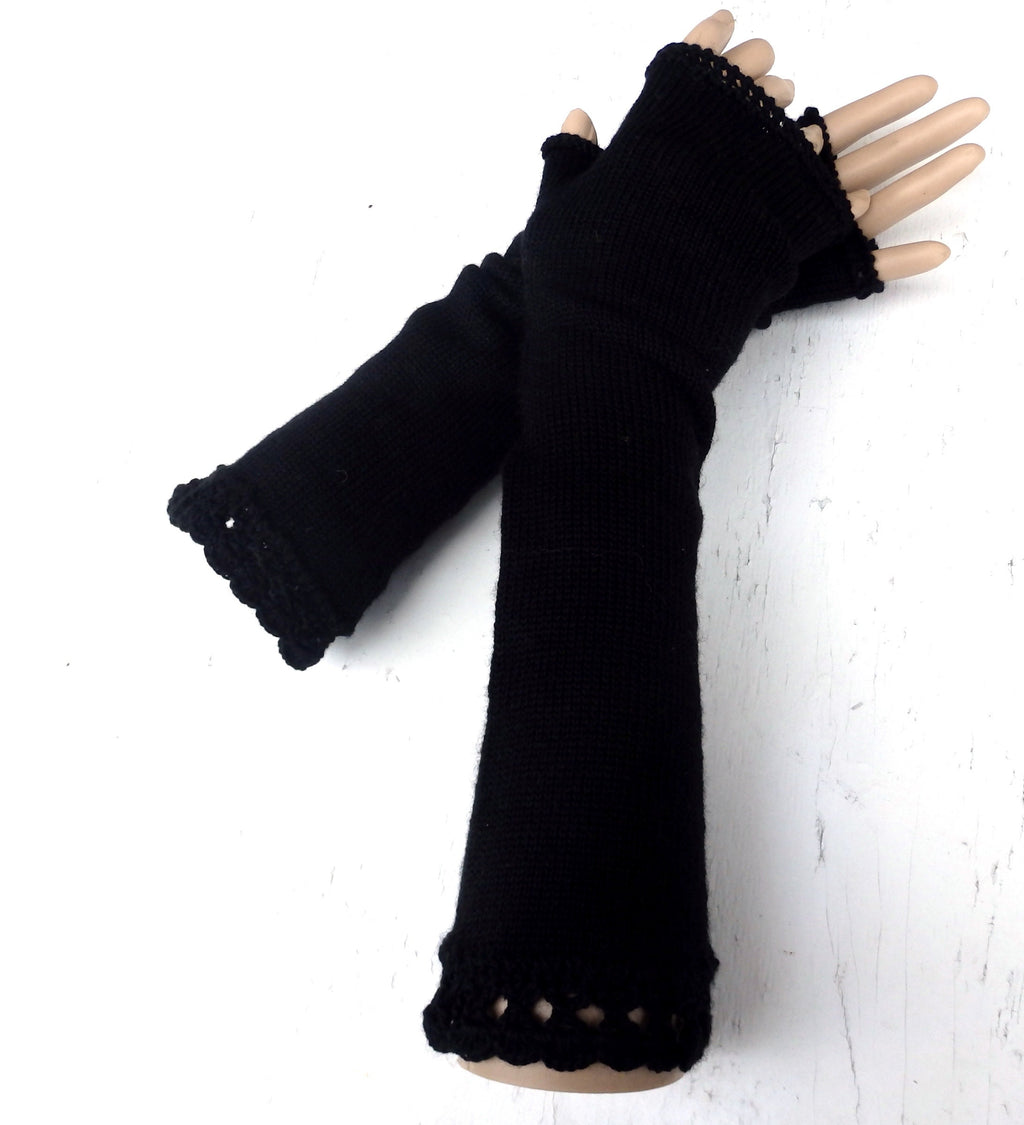 knit black long wool fingerless gloves