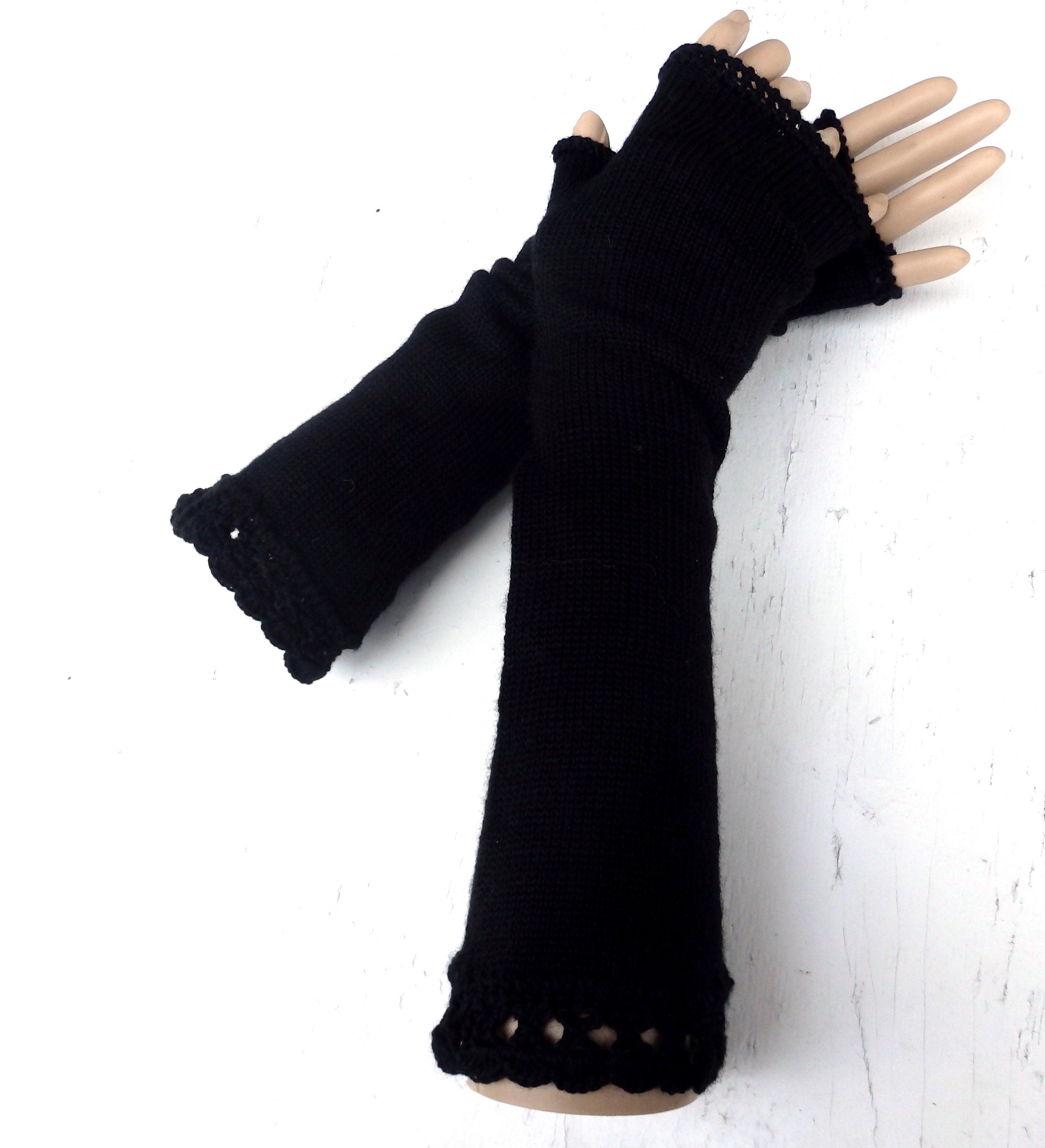 knit black long wool fingerless gloves