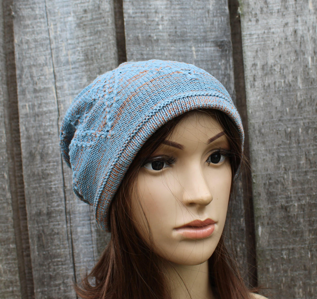 knit colorful light blue  orange cotton hat, knitted mid season hat, Handmade breathable beanie