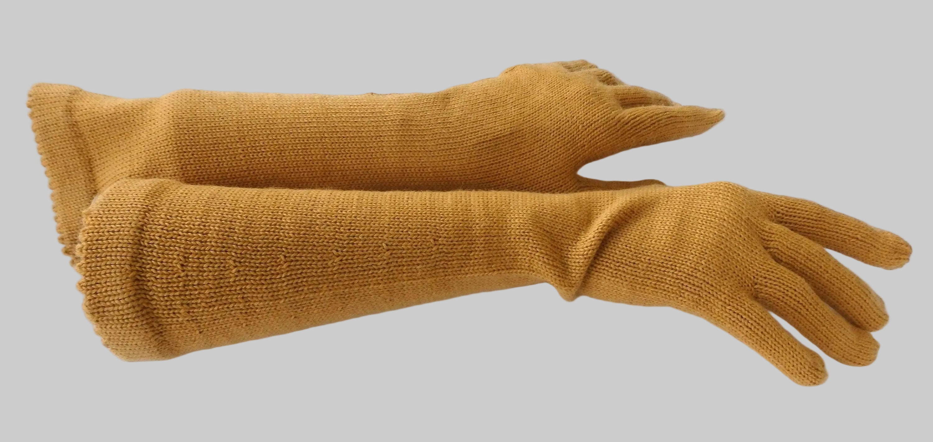 Pair of mustard yellow gloves on a white background