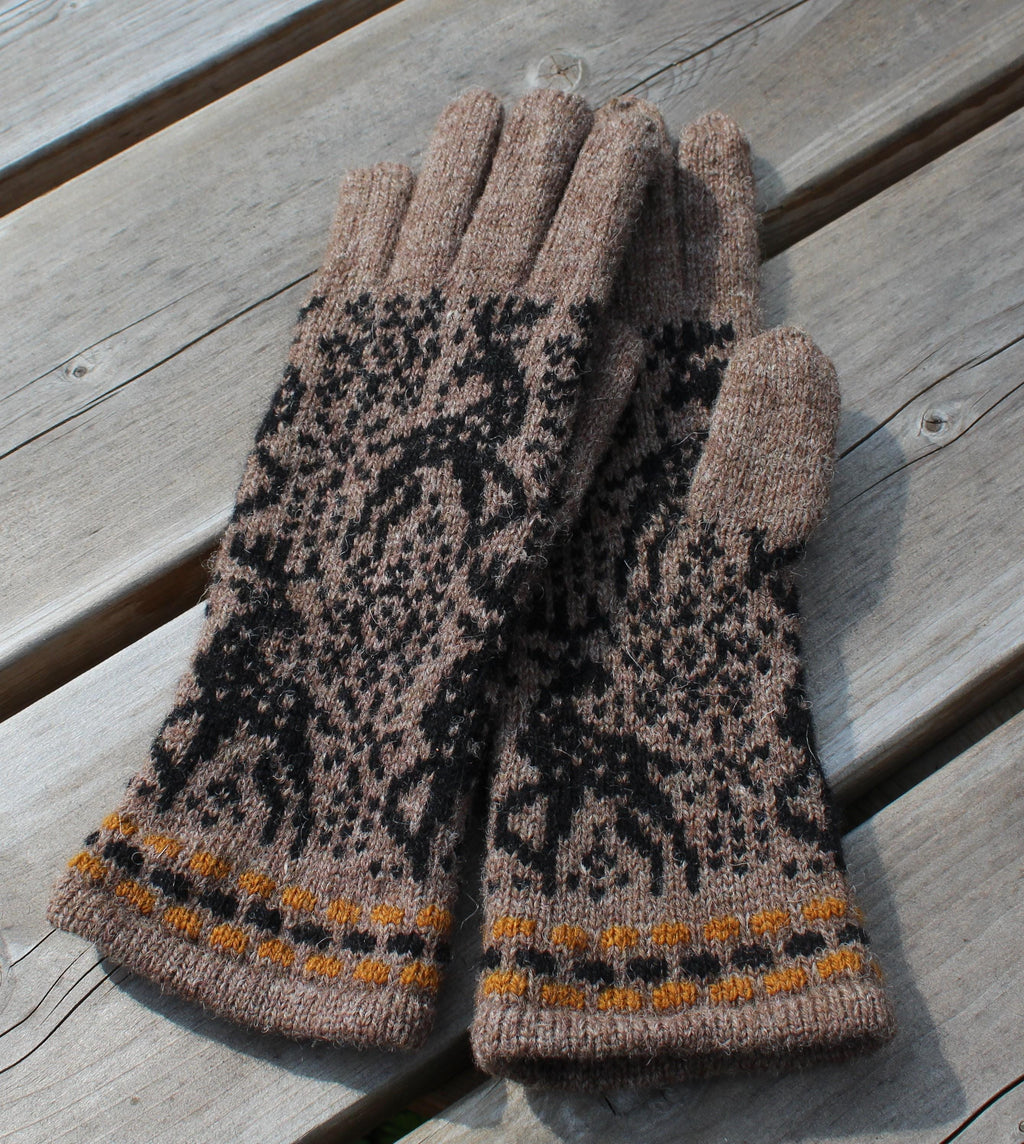 Knitted Wool Gloves: Reindeer Nordic Hand Warmers, Size M