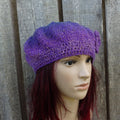 Hand crocheted Colorful Purple plain Beret with crochet flower