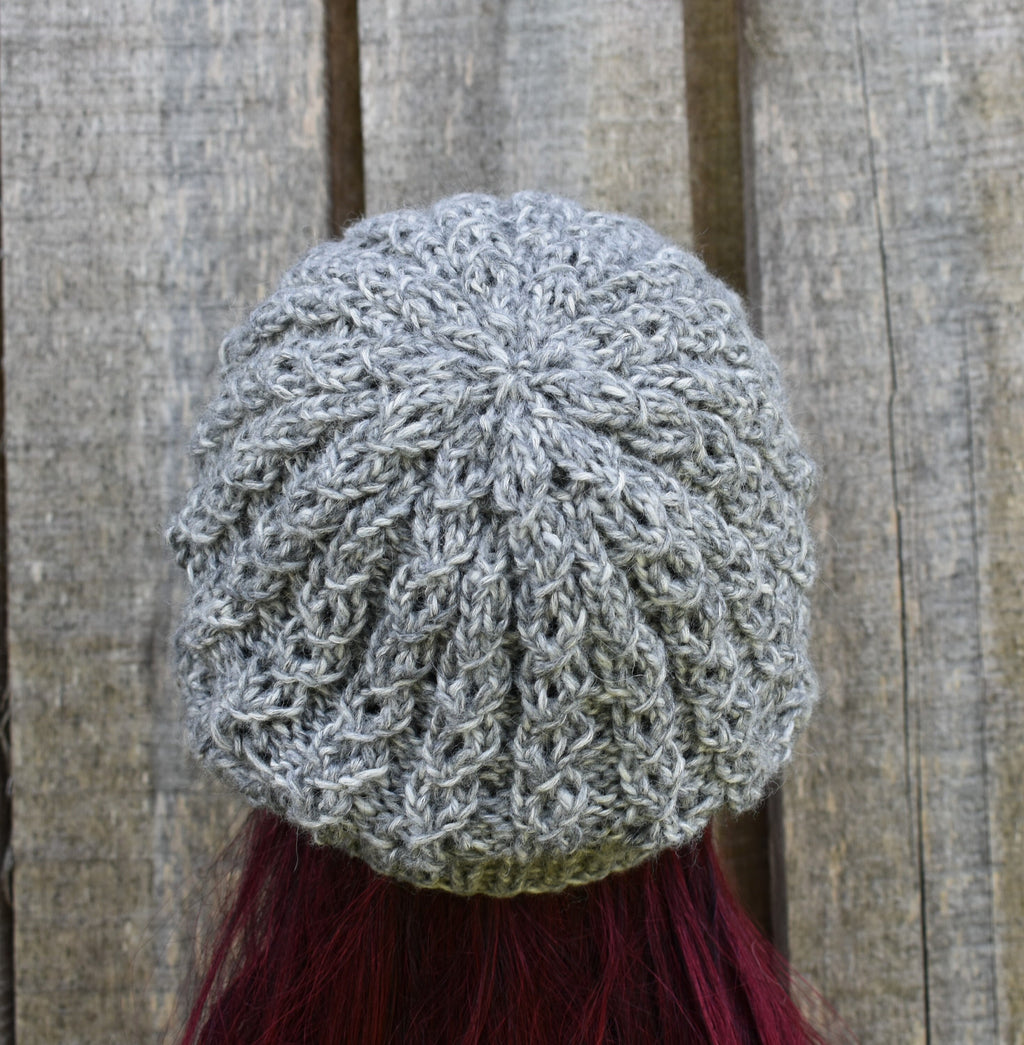 Hand knitted melanga gray cotton beret hat, unlined autumn cap, knit open work beanie,