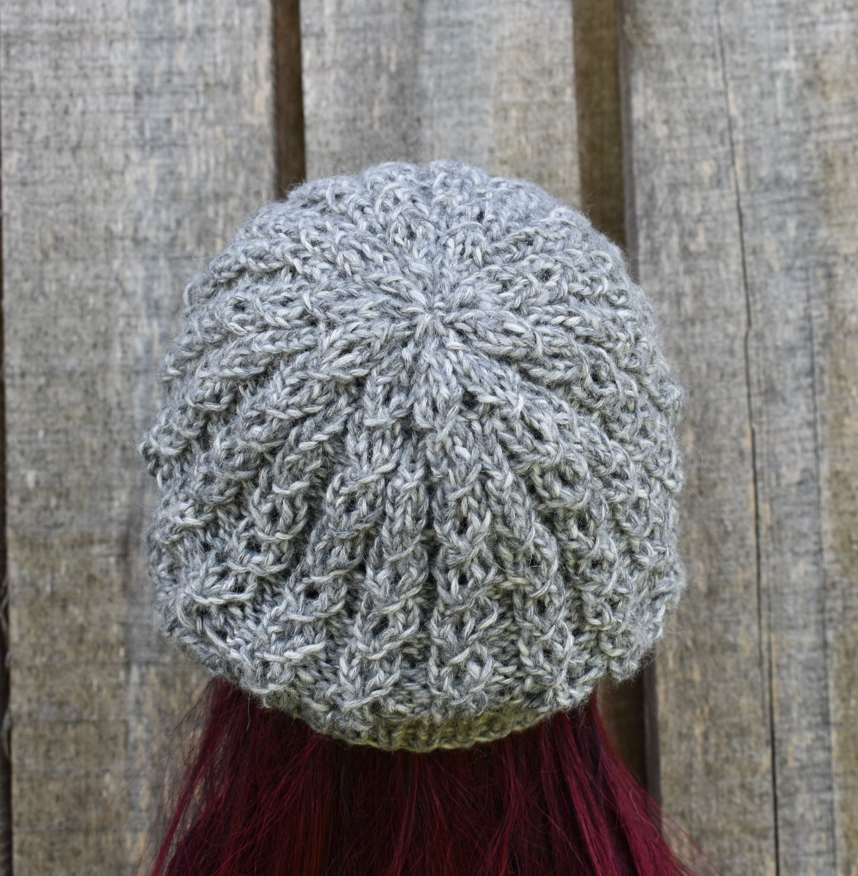Hand knitted melanga gray cotton beret hat, unlined autumn cap, knit open work beanie,