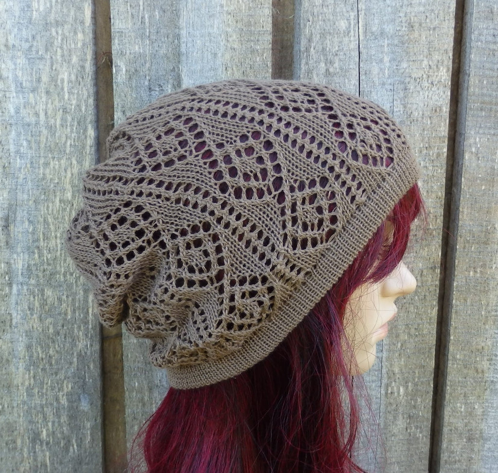 Knitted cotton summer beanie, brown lace women hat, knit casual thin sun hat,