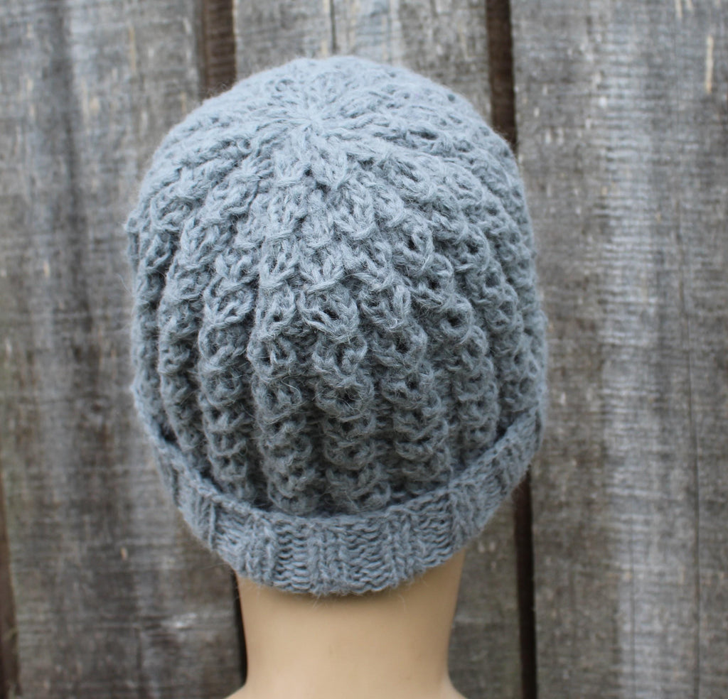 Handknit warm gray alpaca winter hat