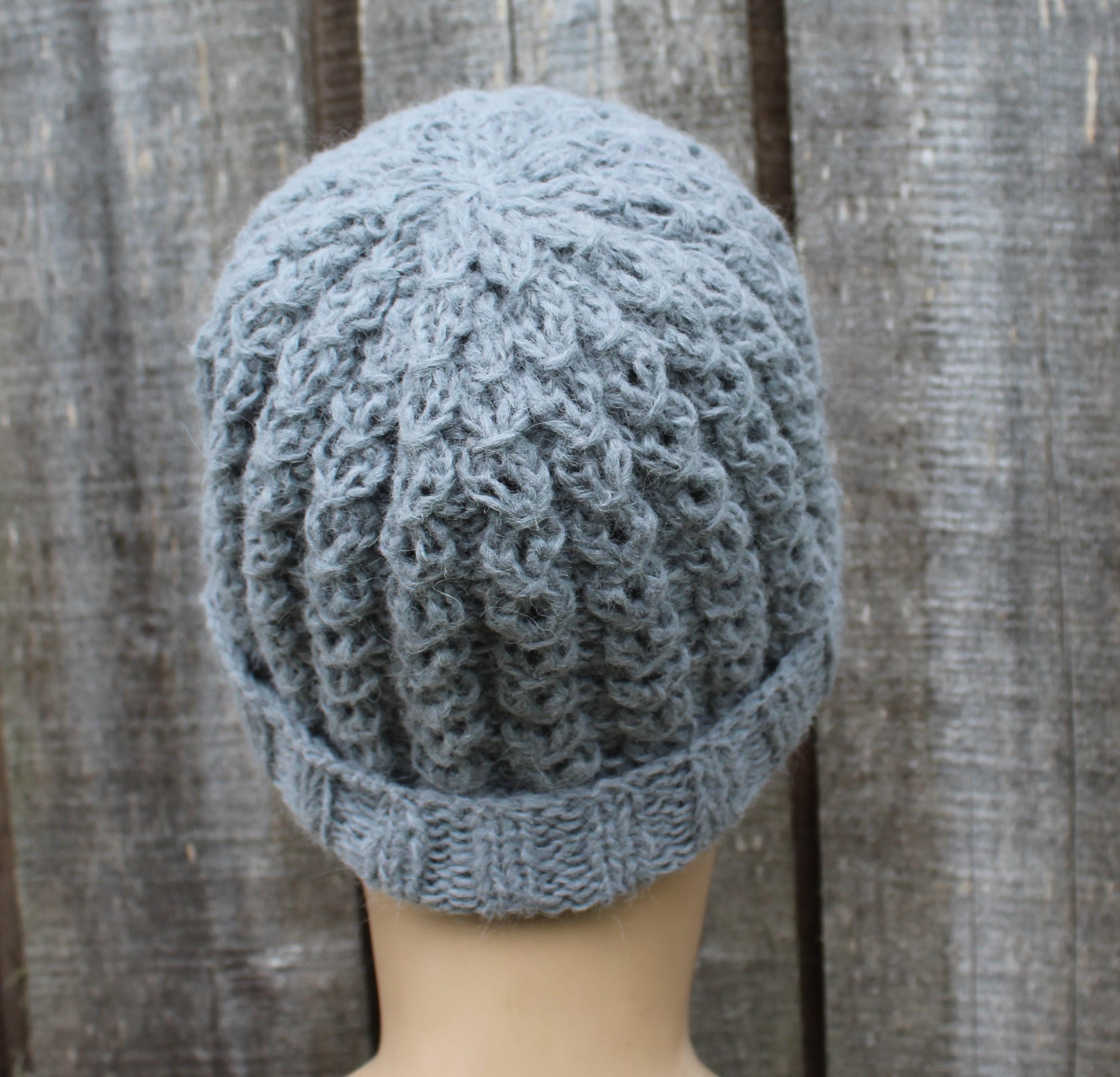 Handknit warm gray alpaca winter hat