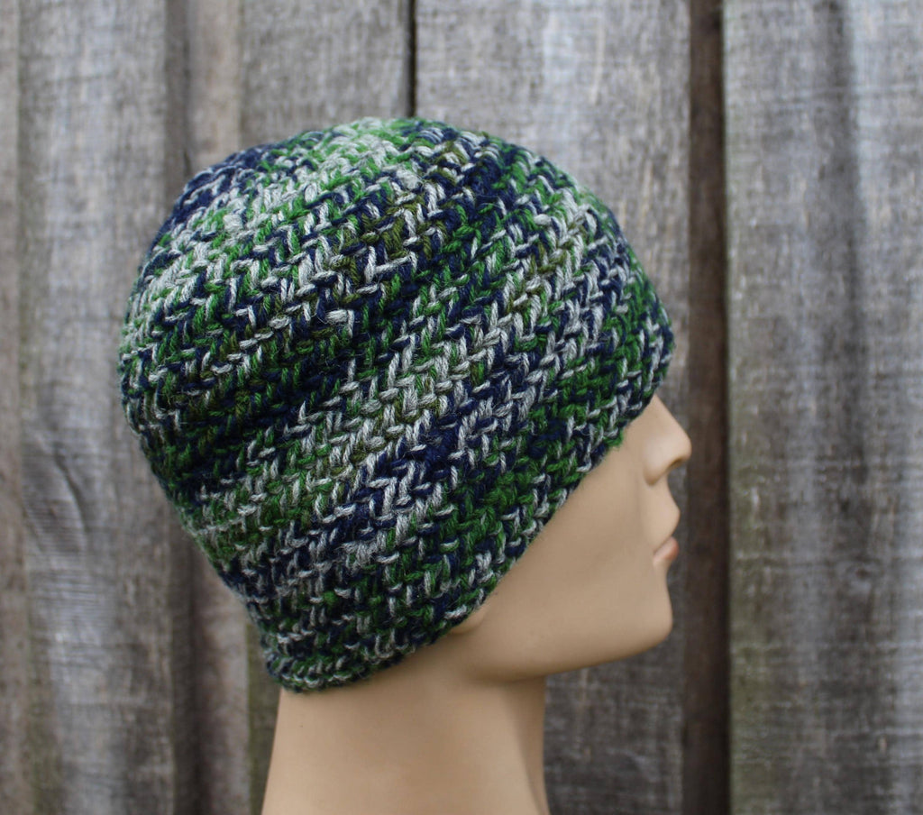 Authentic Naalbinding Wool Beanie | Ancient Viking-Age Technique | Green, Blue & Gra