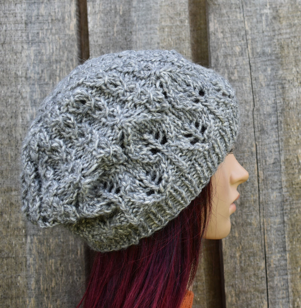 Hand knitted melanga gray cotton beret hat, unlined autumn cap, knit open work beanie,