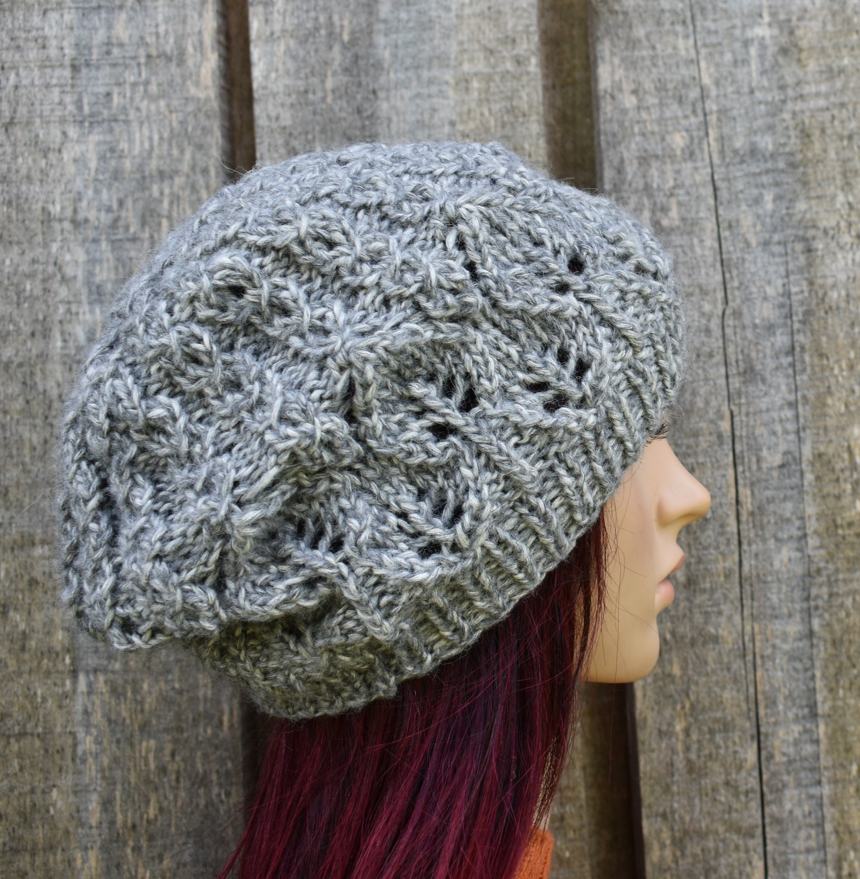 Hand knitted melanga gray cotton beret hat, unlined autumn cap, knit open work beanie,