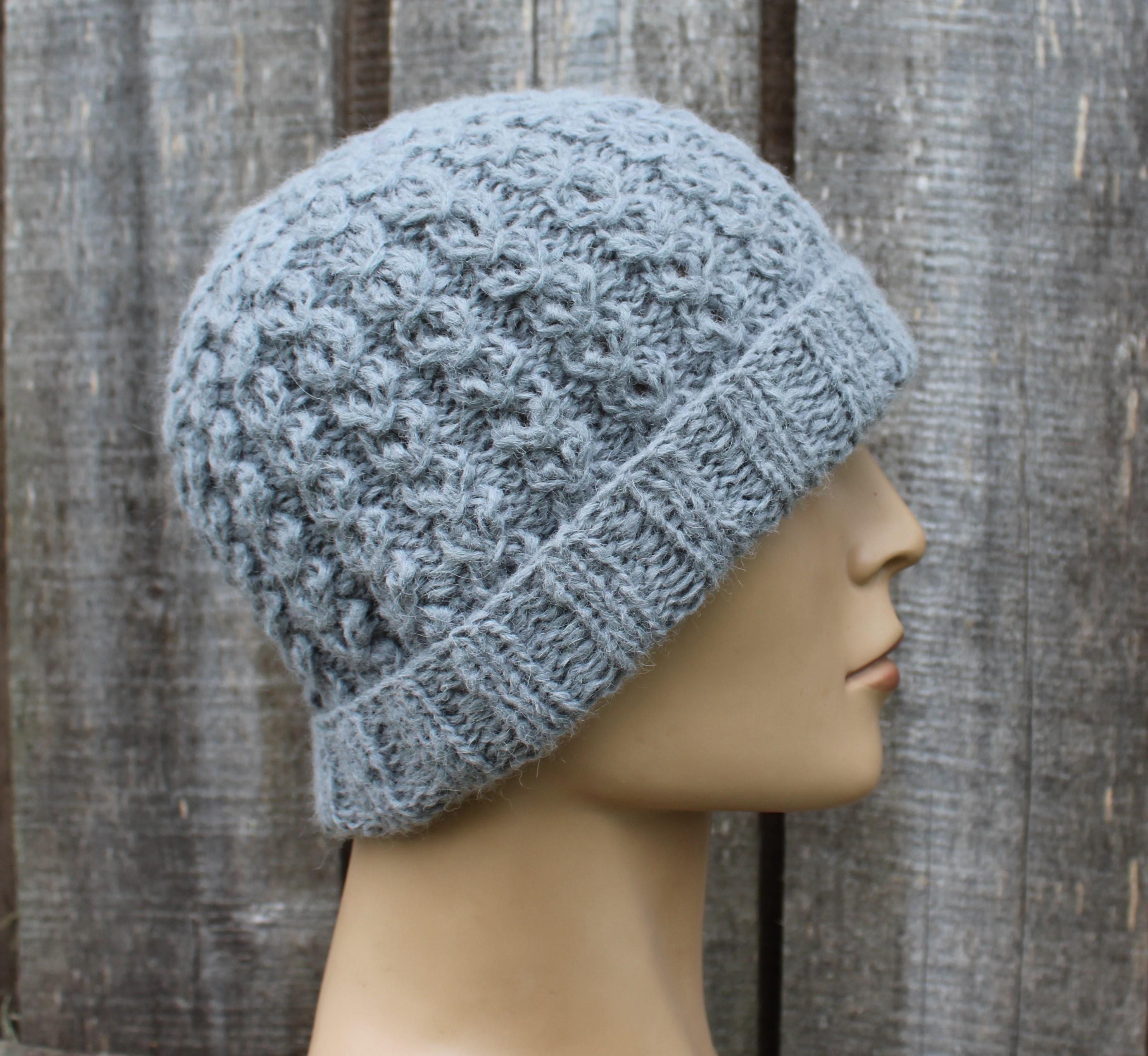 Handknit warm gray alpaca winter hat