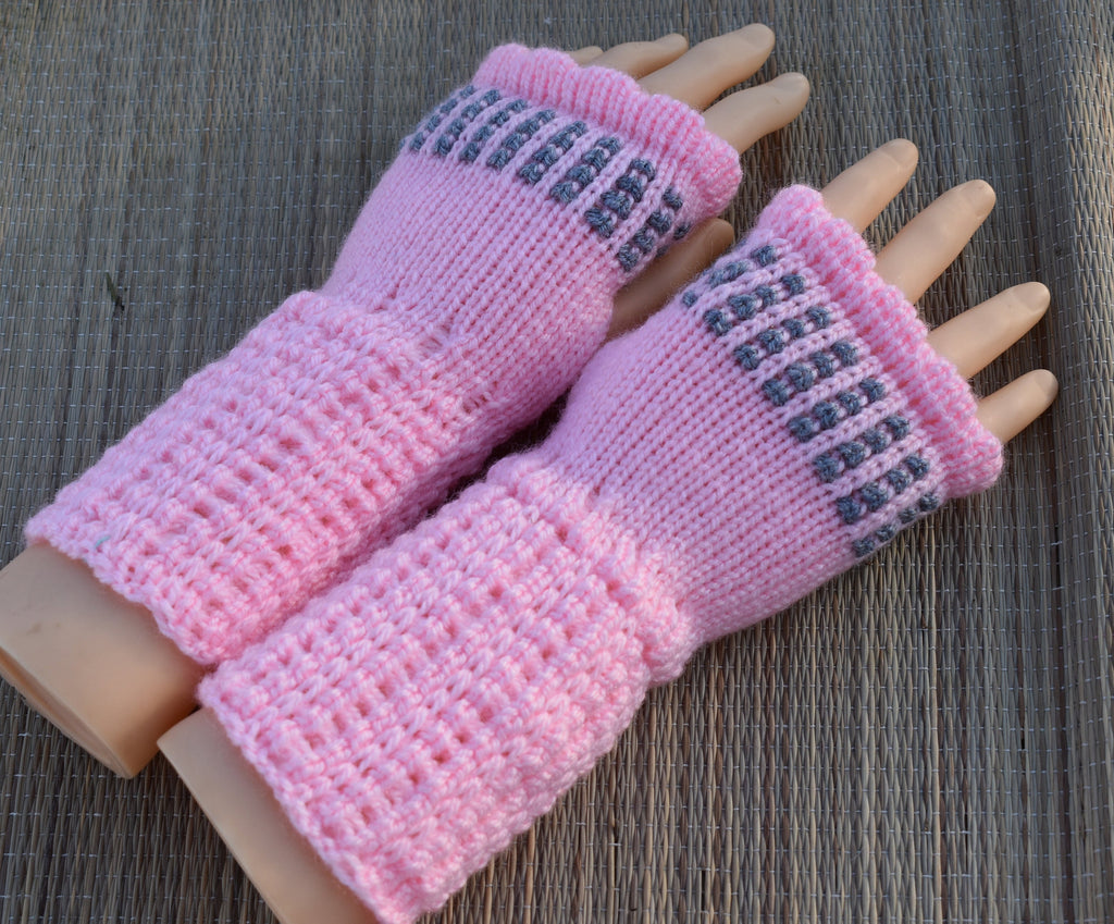 fingerless gloves, knit  pink gray acrylic arm warmers for women
