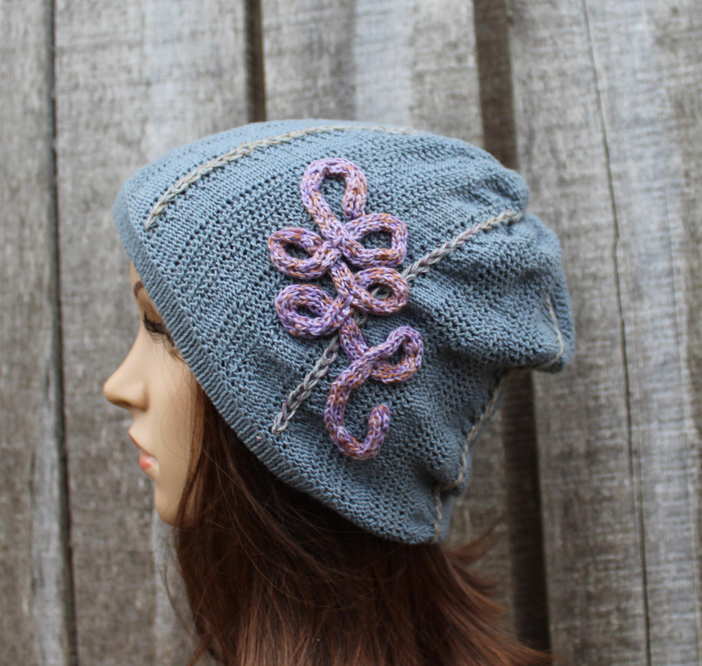 Gray Embroidered   Cotton Hat. knitted beanie