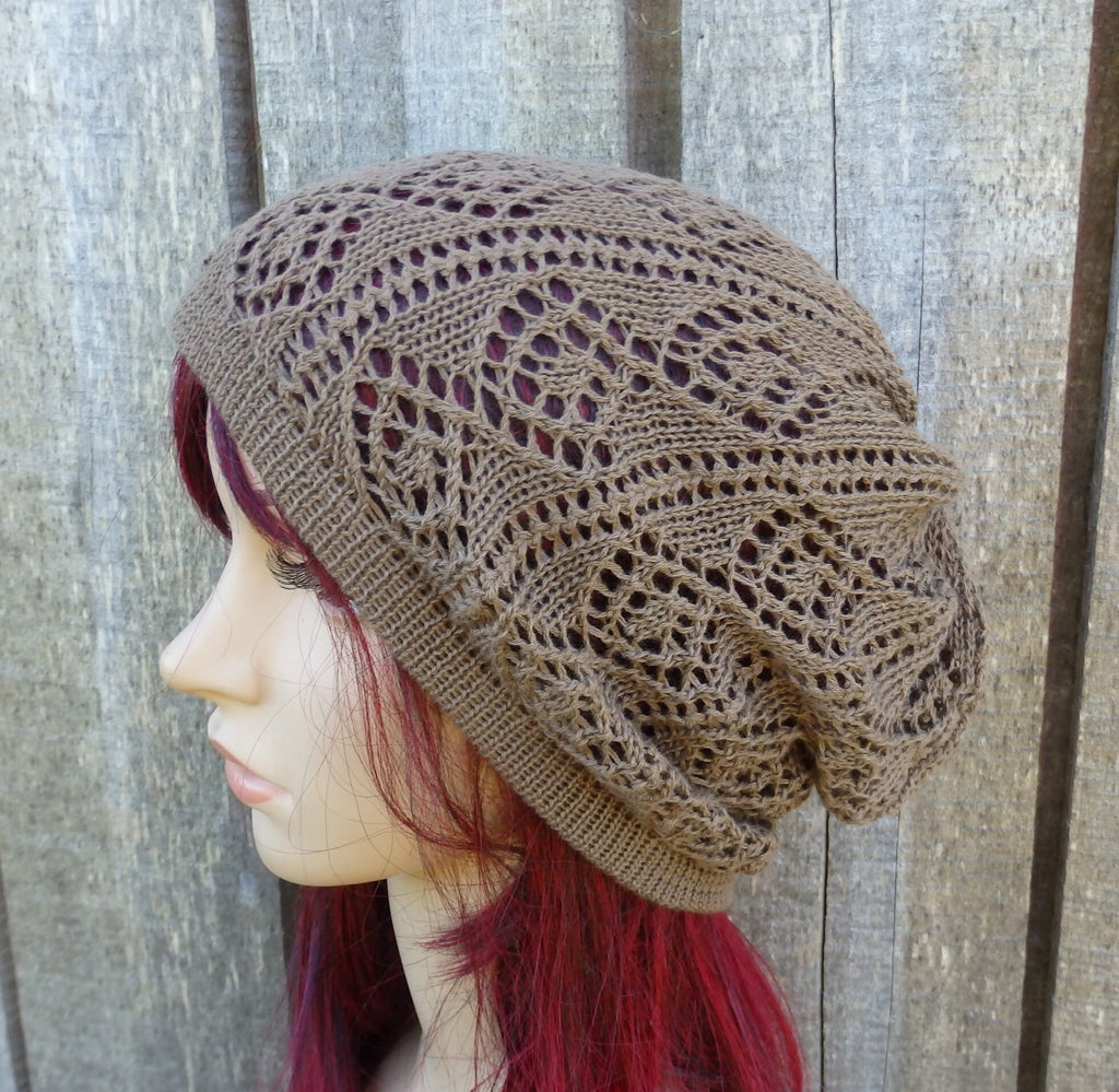 Knitted cotton summer beanie, brown lace women hat, knit casual thin sun hat,