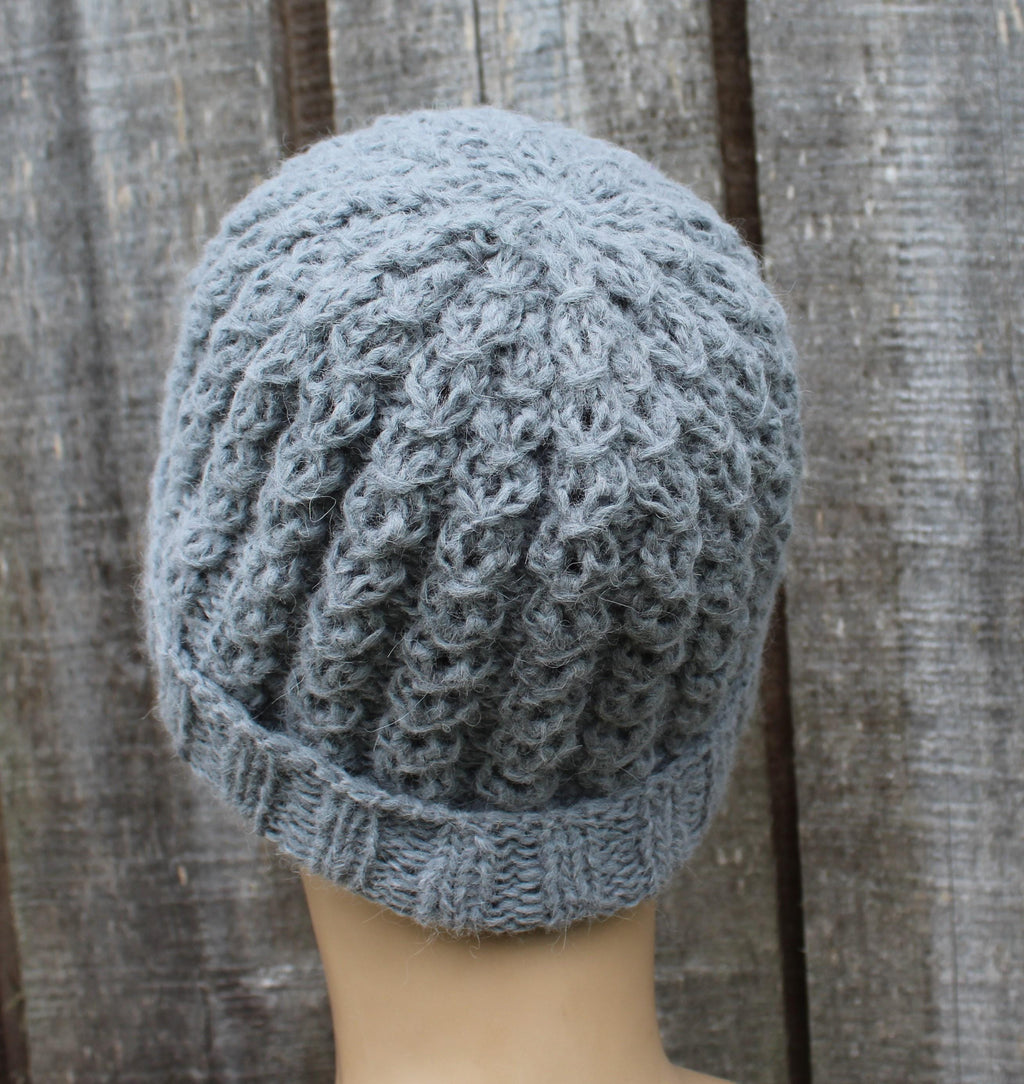 Handknit warm gray alpaca winter hat