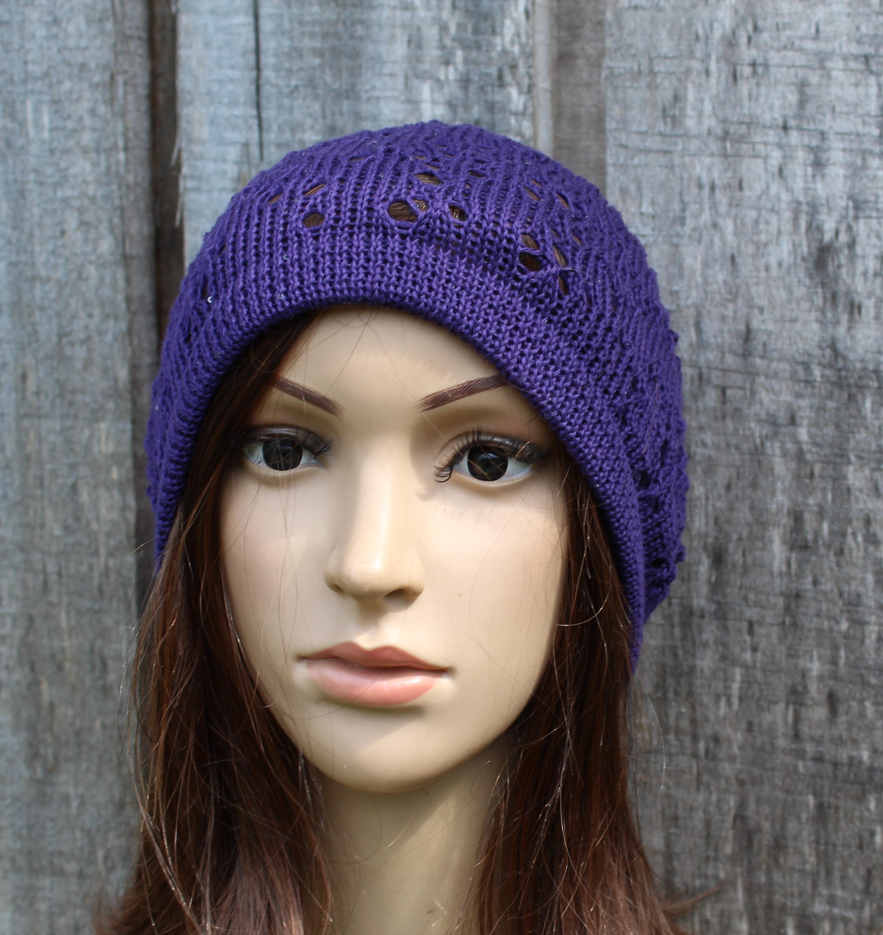 Stylish Purple Cotton Lace Knit Summer Beanie with Sequin