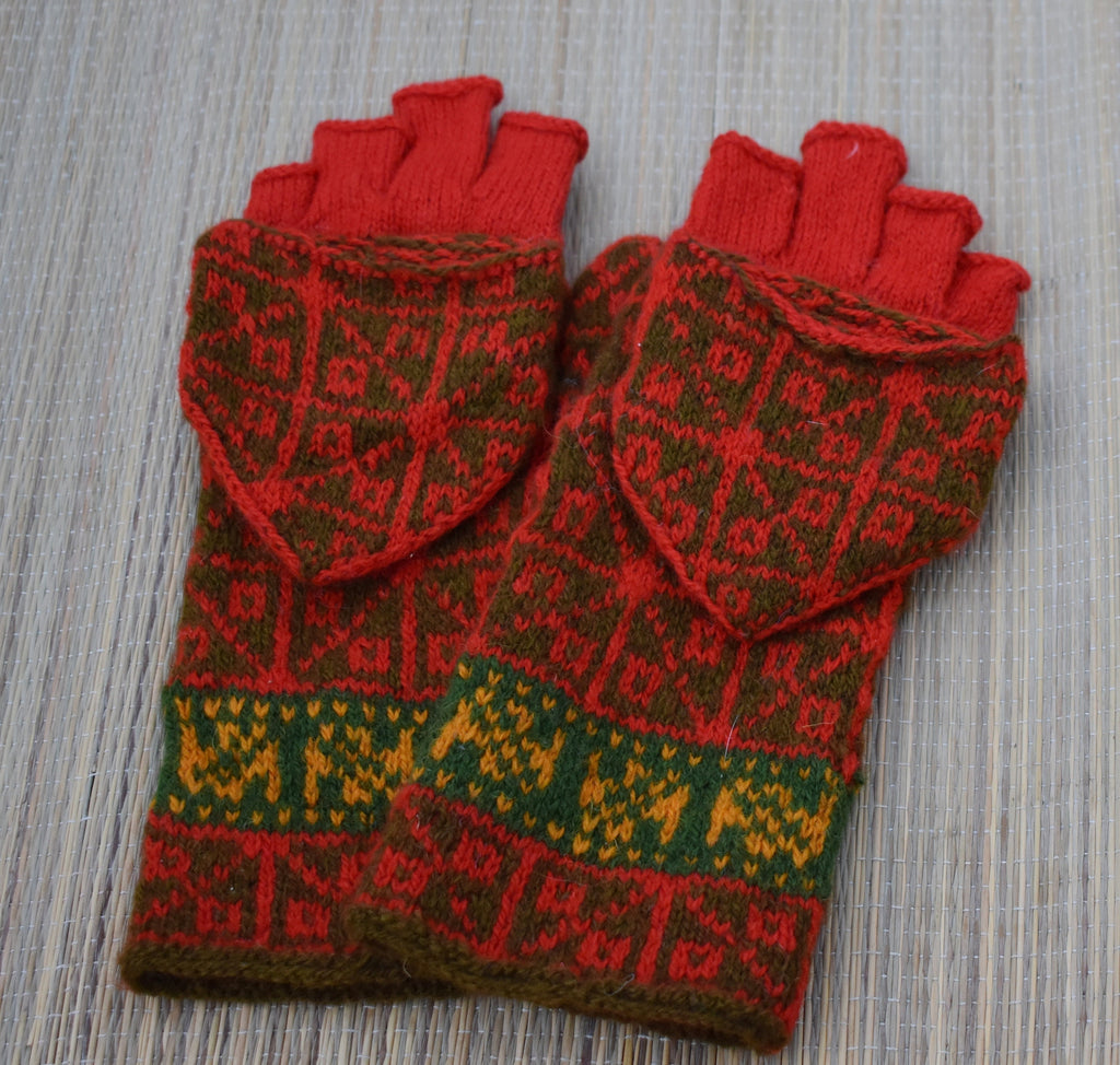 Knit Wool Convertible Gloves: Latvian Mittens with Hood - Size M