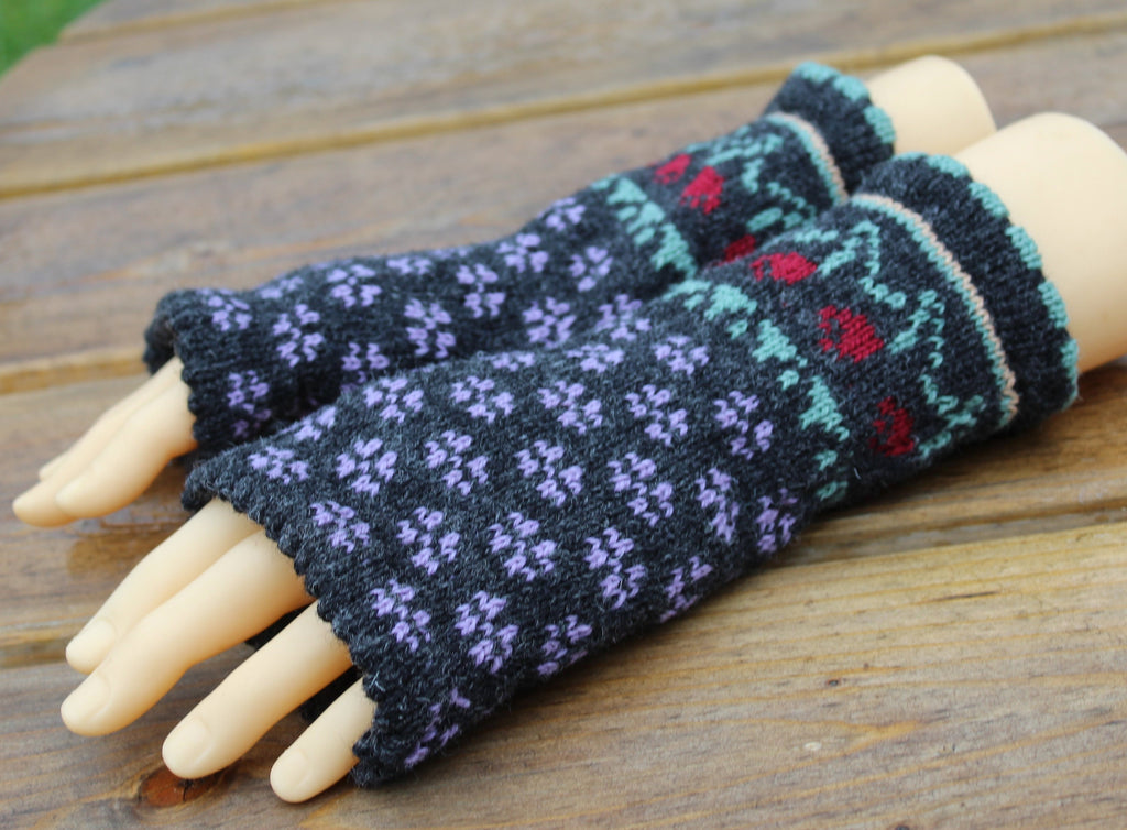arm warmers, knitted Latvian fingerless gloves, handmade wool dark gray half mittens