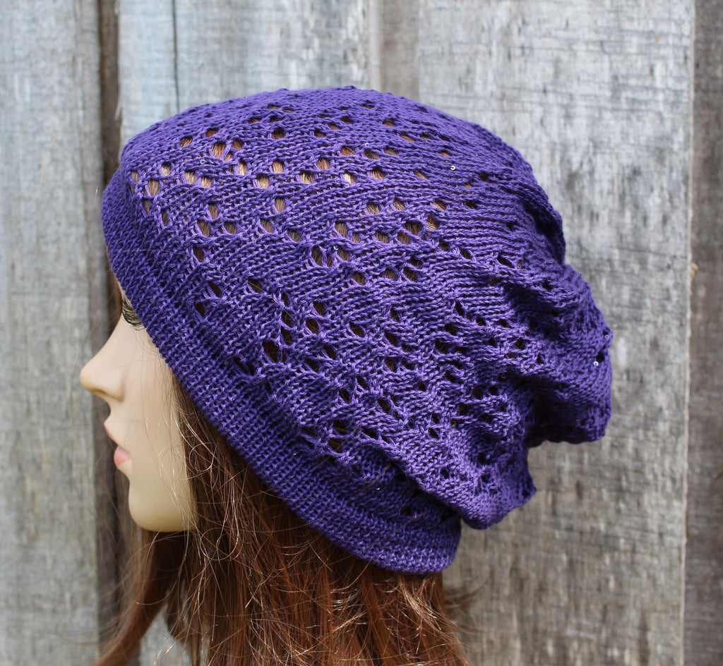 Stylish Purple Cotton Lace Knit Summer Beanie with Sequin