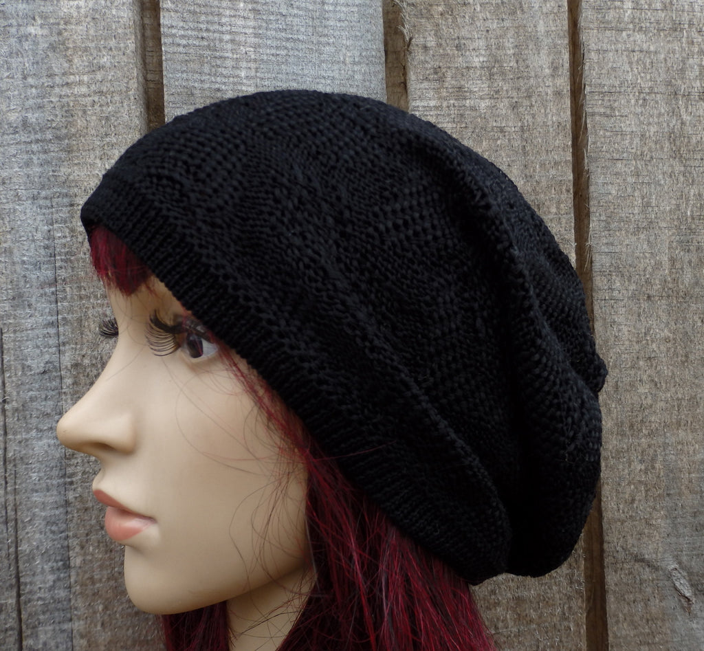 knit black cotton hat, knitted thin lace summer hat