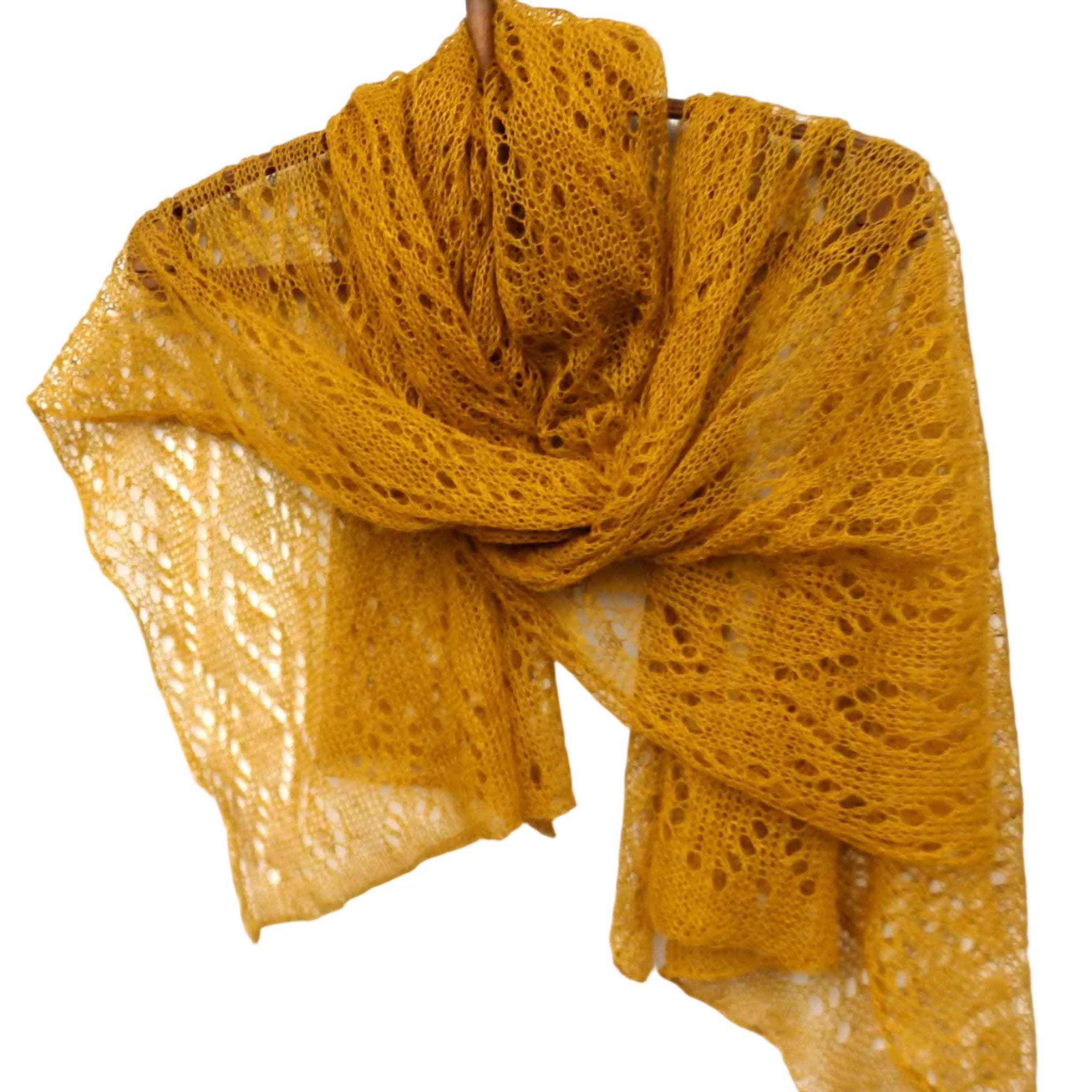 Mustard yellow lace scarf on a white background