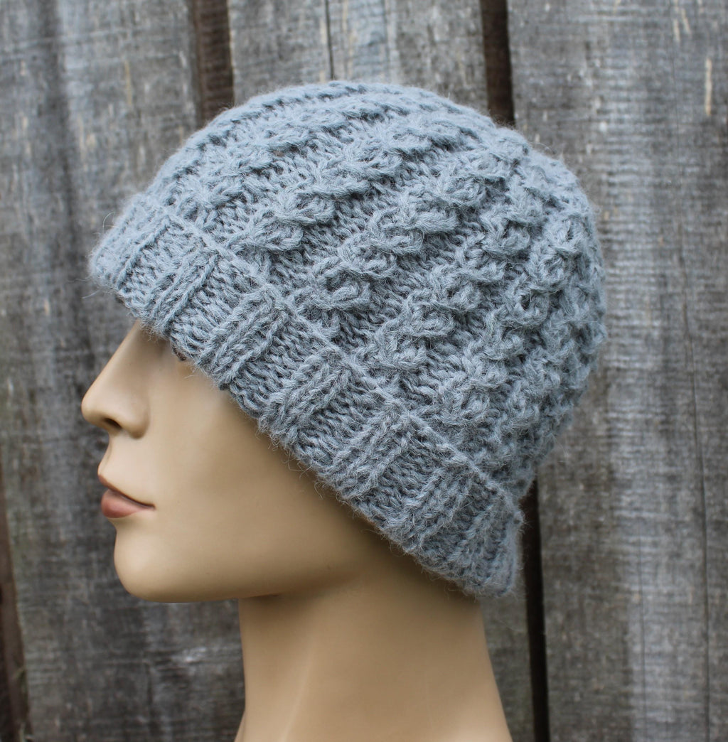 Handknit warm gray alpaca winter hat