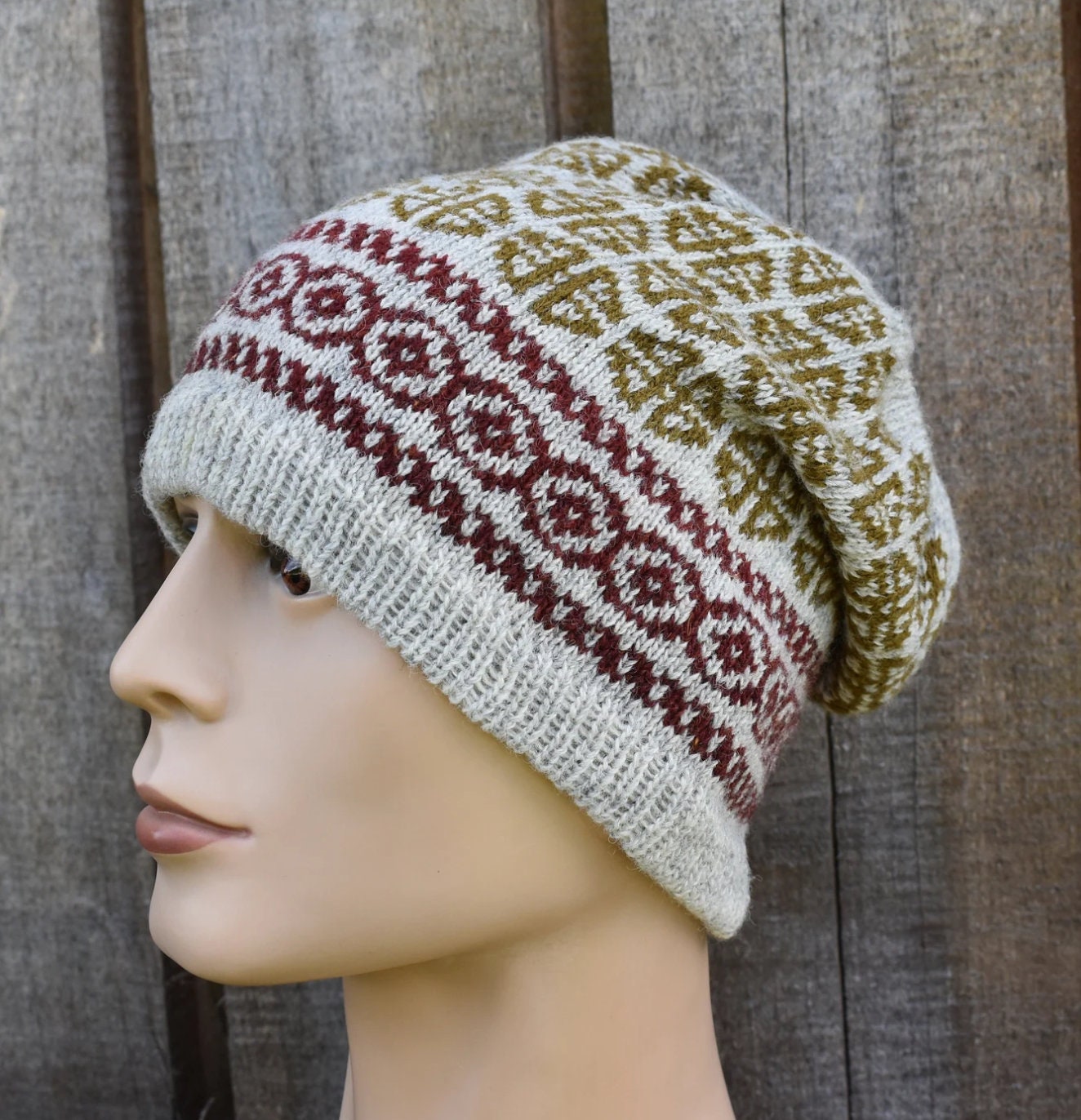 Handmade Fair Isle Wool Beanie: Scandinavian Knit Winter Hat