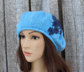 Sky Blue Embroidered Merino Blend Beret | Artisan Hand-Knitted Autumn Hat