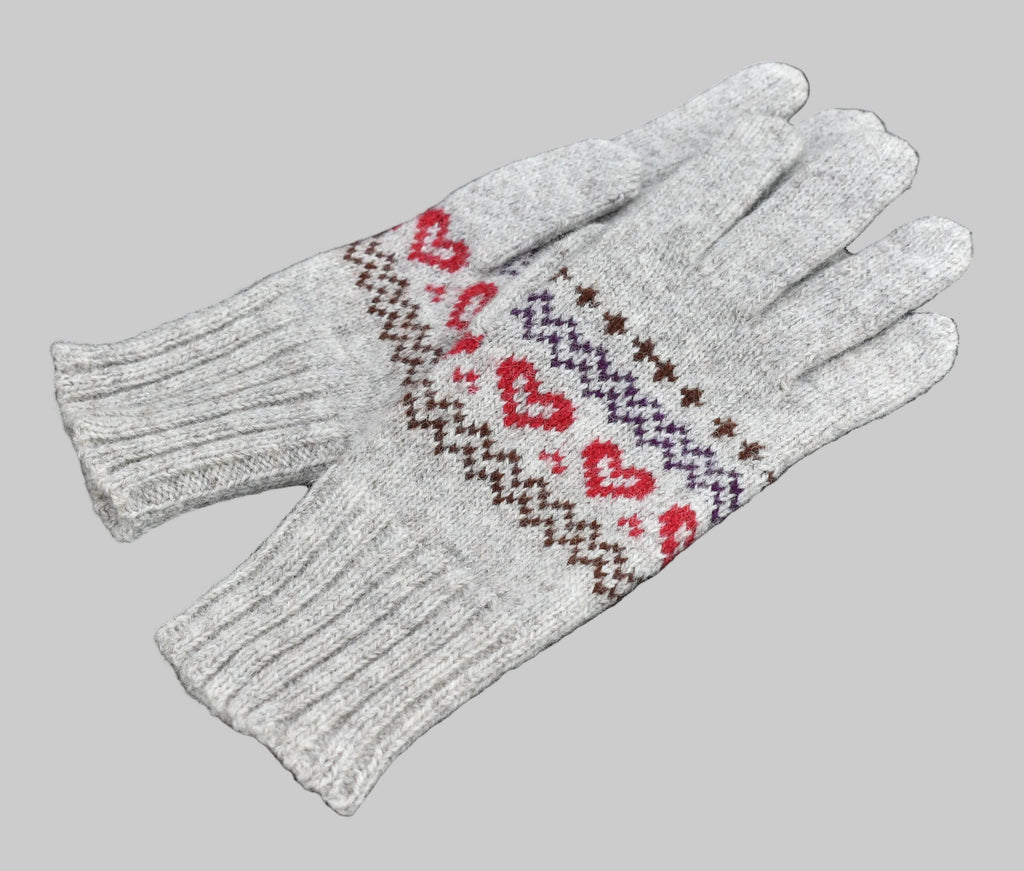 Pair of gray gloves with a pattern on a black background