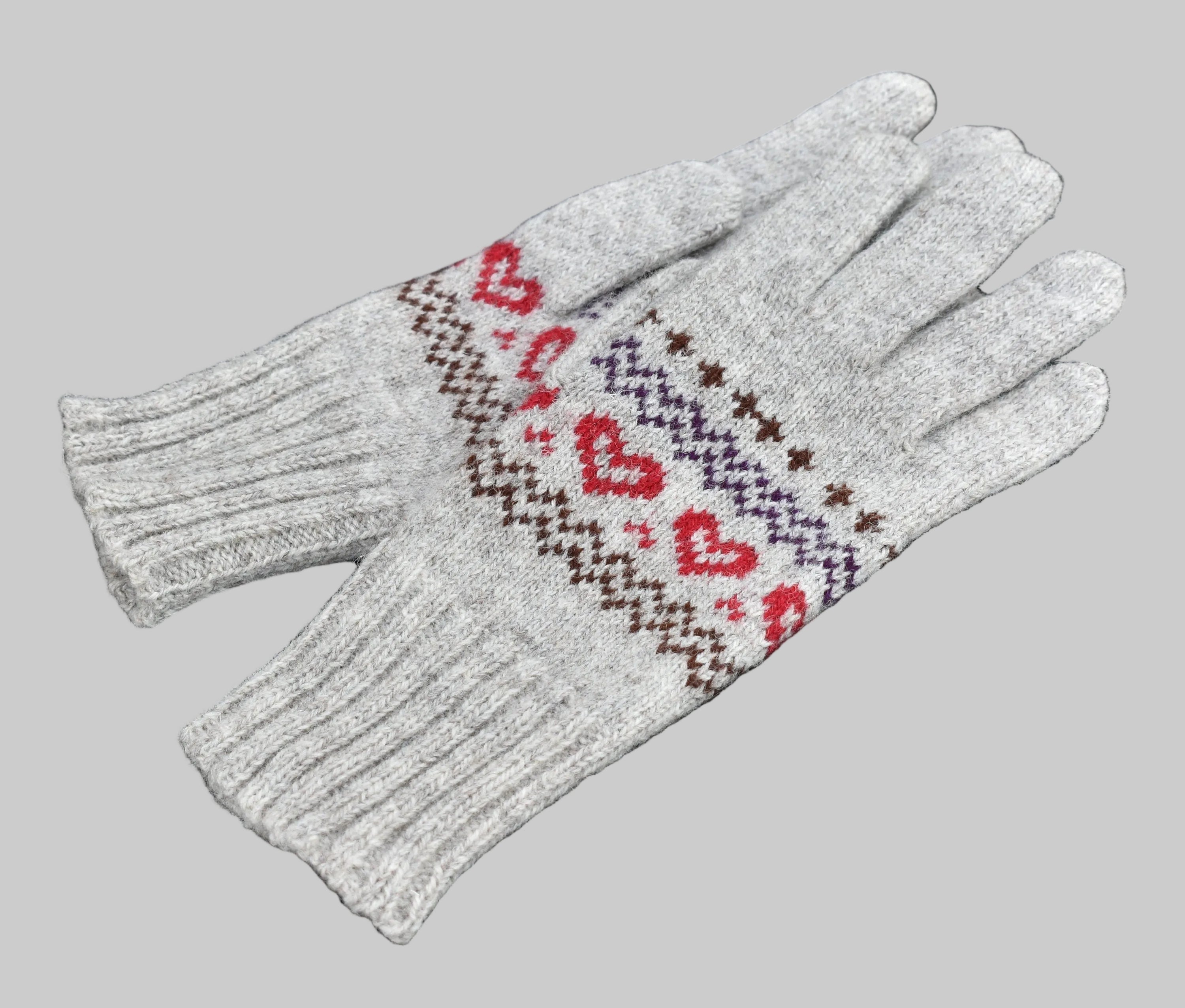 Pair of gray gloves with a pattern on a black background