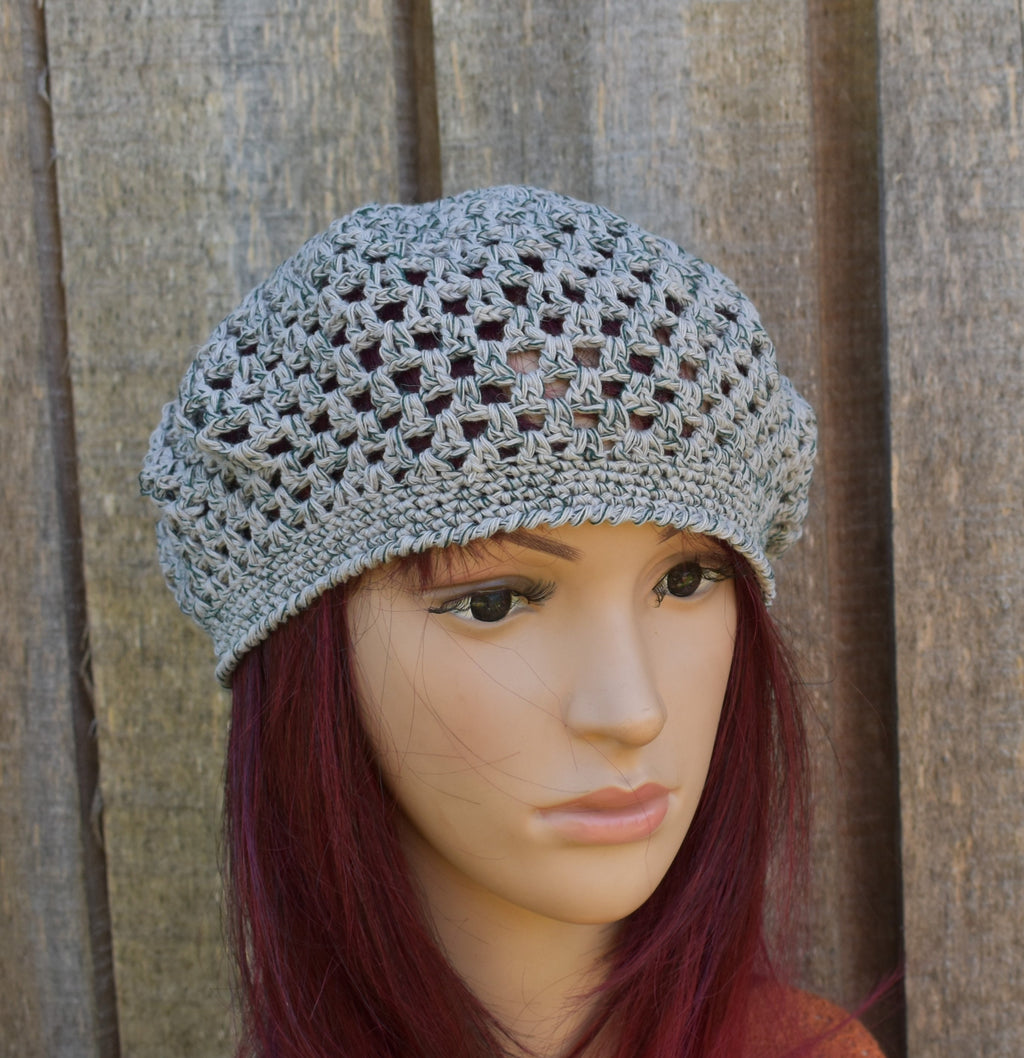 Crocheted gray green cotton summer beret, handmade lace French beret for women