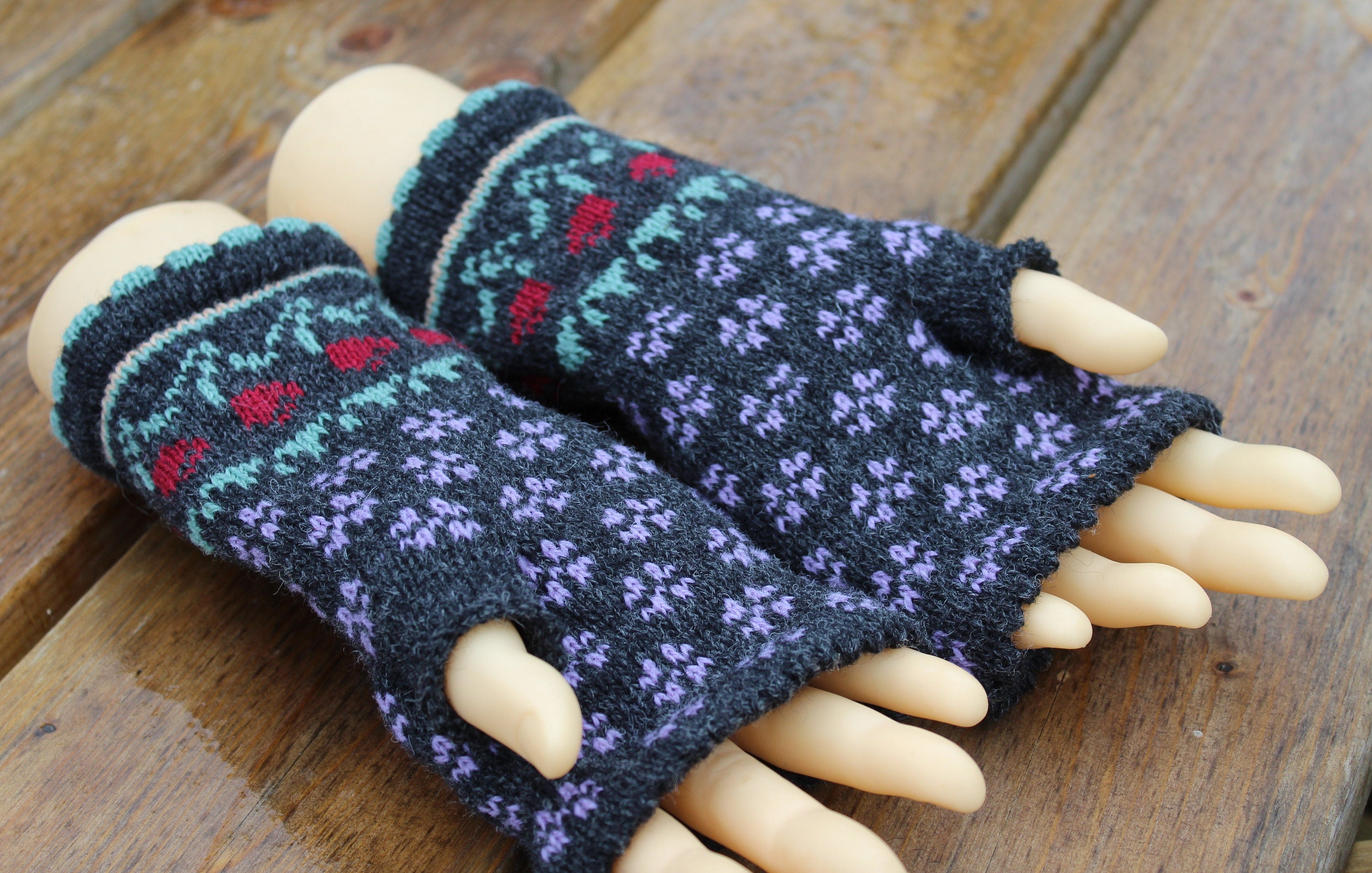 arm warmers, knitted Latvian fingerless gloves, handmade wool dark gray half mittens