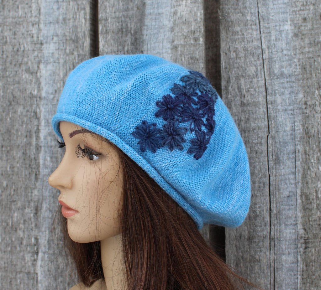 Sky Blue Embroidered Merino Blend Beret | Artisan Hand-Knitted Autumn Hat