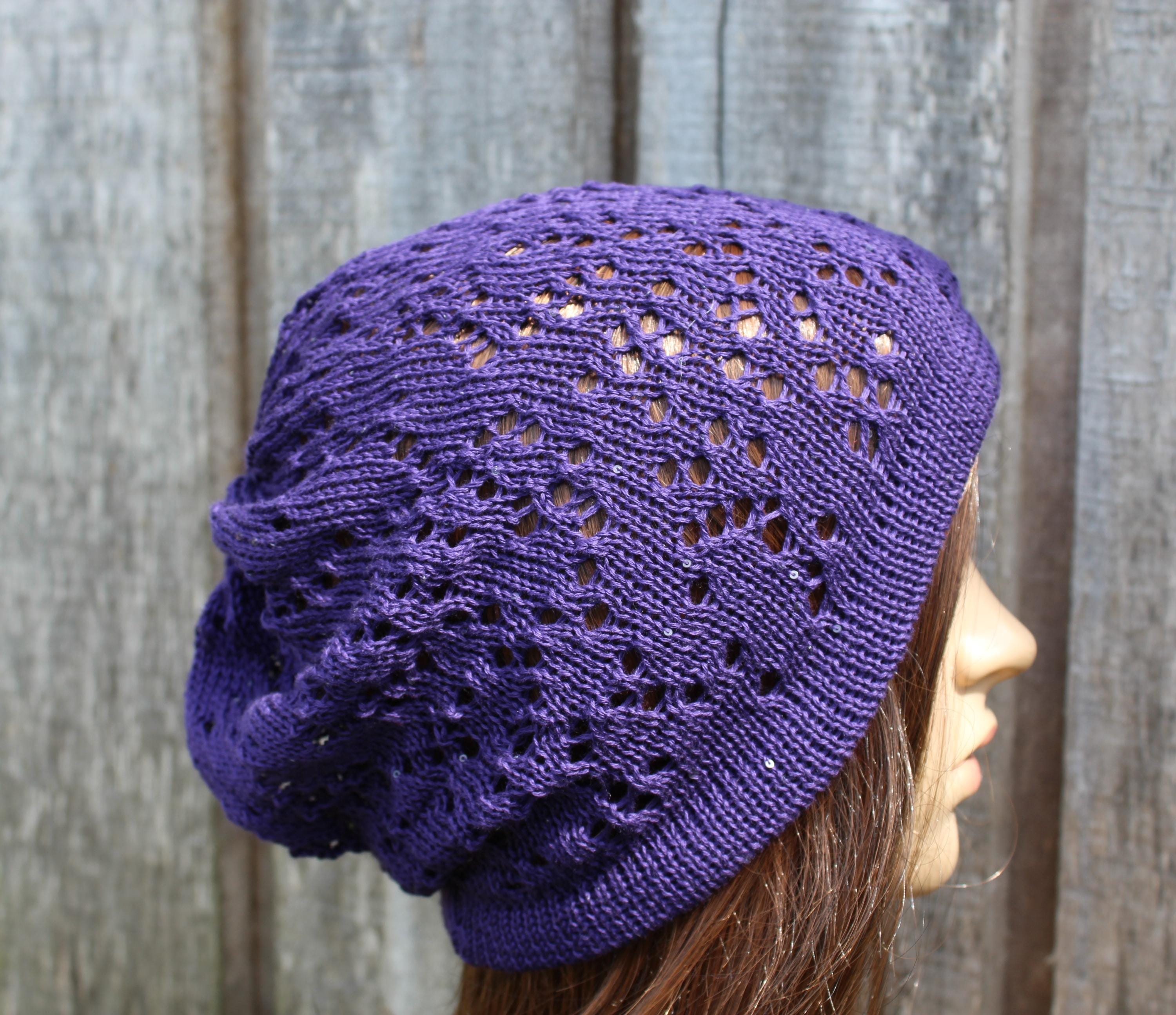 Stylish Purple Cotton Lace Knit Summer Beanie with Sequin