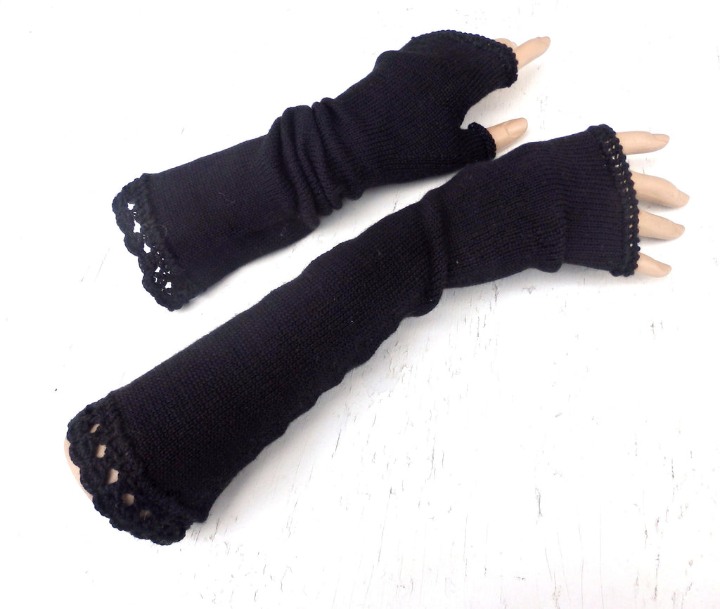 knit black long wool fingerless gloves