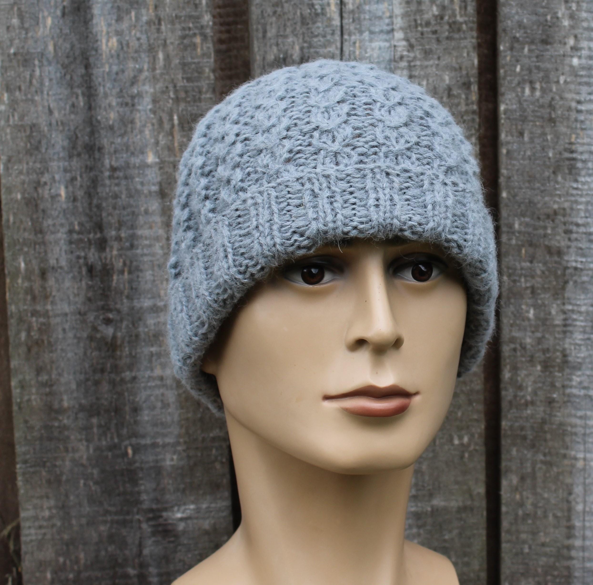 Handknit warm gray alpaca winter hat