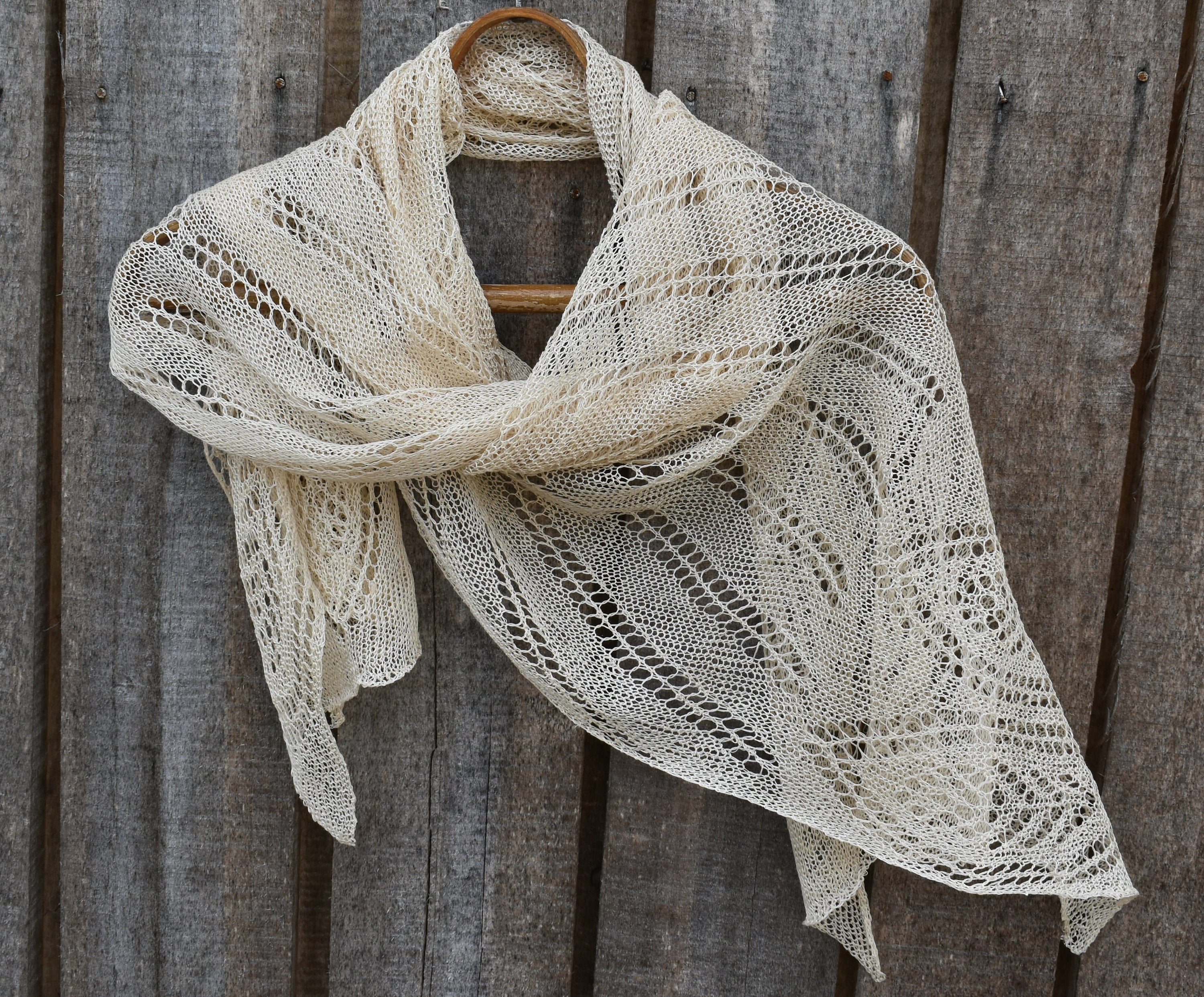 Beige Knit Lace Linen Scarf: Fishnet Flax Shawl