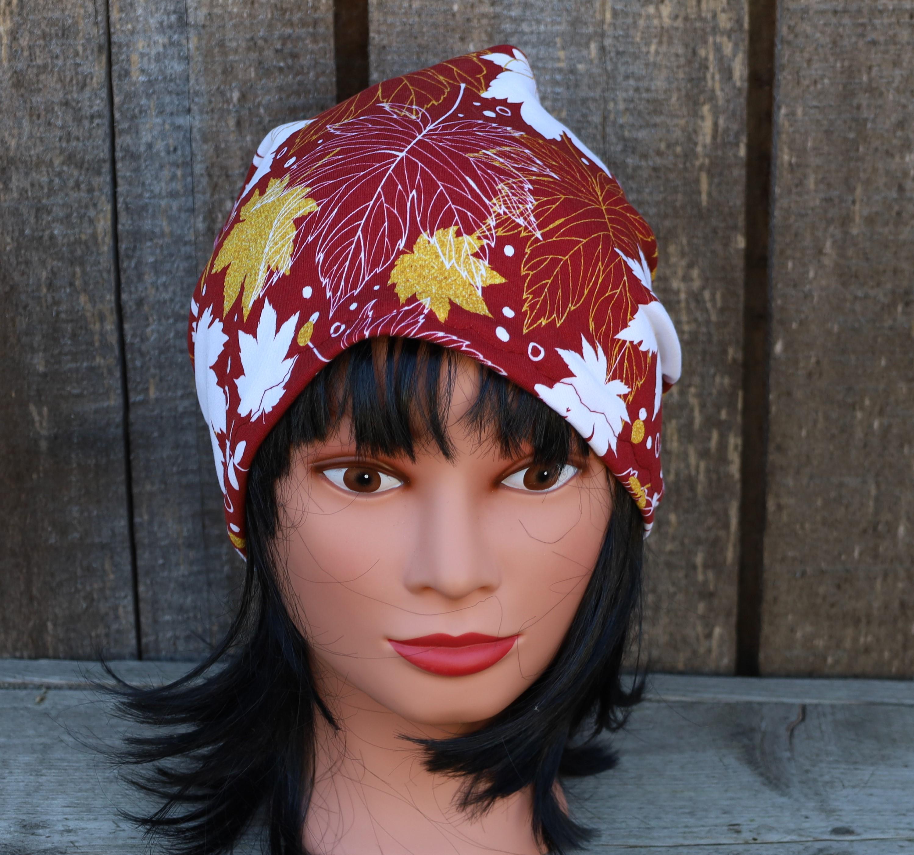 Knit cotton fabric  beanie, colorful lined  hat, sewn cap, brown hat