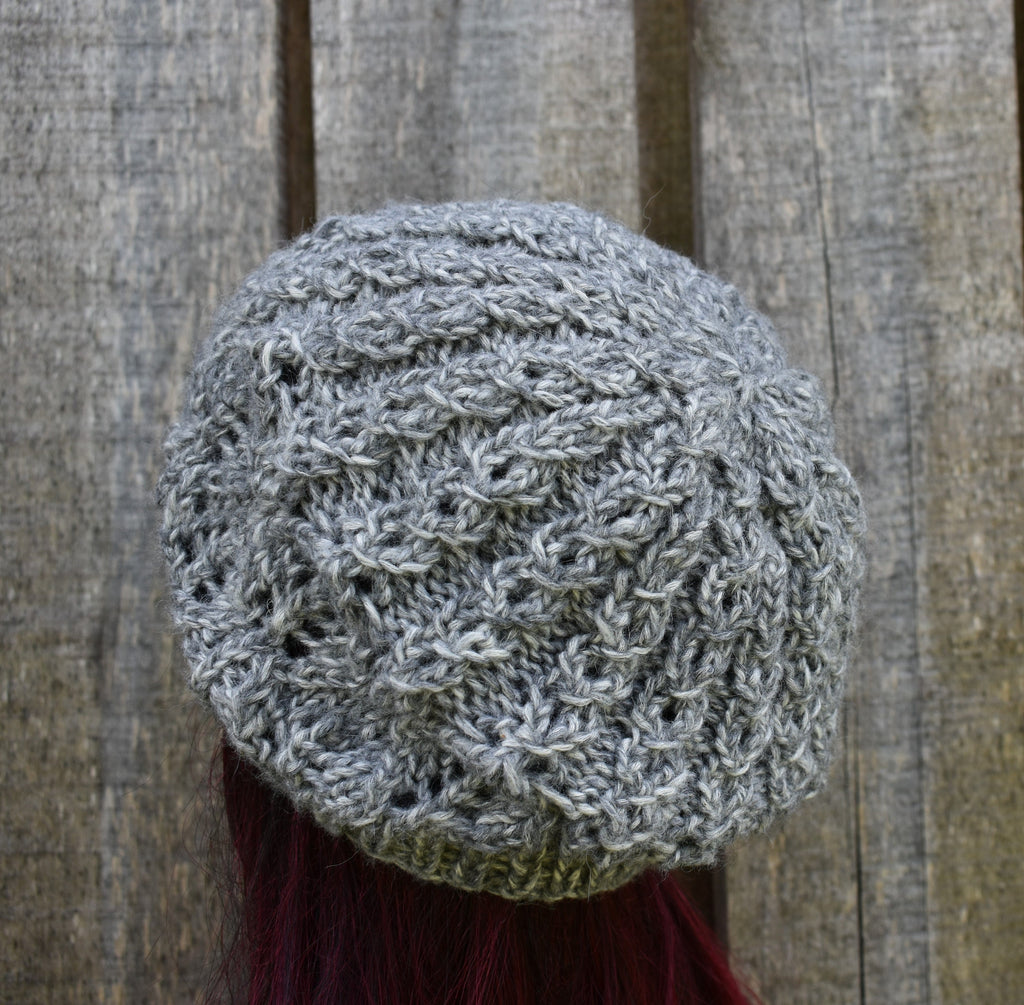 Hand knitted melanga gray cotton beret hat, unlined autumn cap, knit open work beanie,