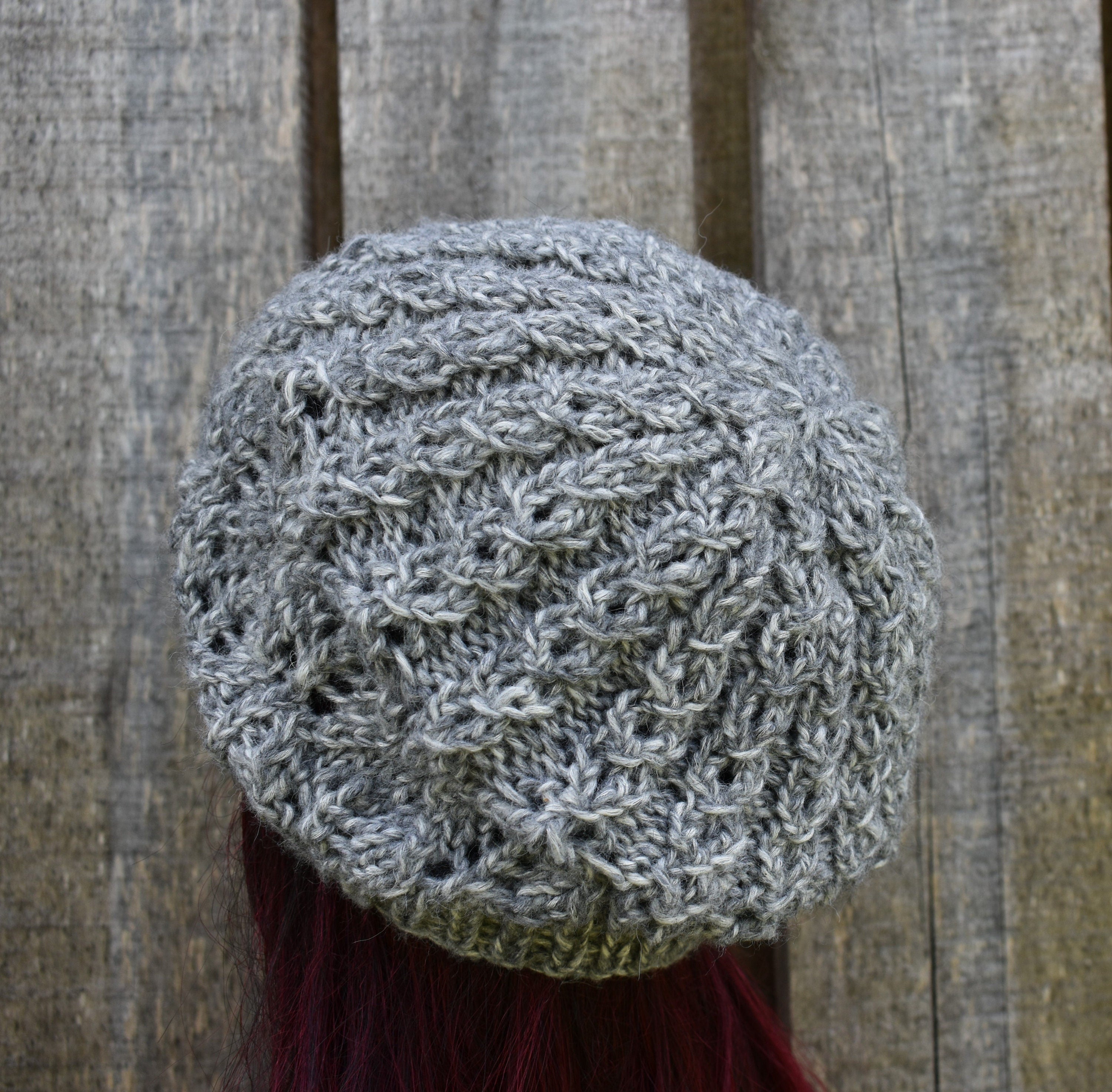 Hand knitted melanga gray cotton beret hat, unlined autumn cap, knit open work beanie,