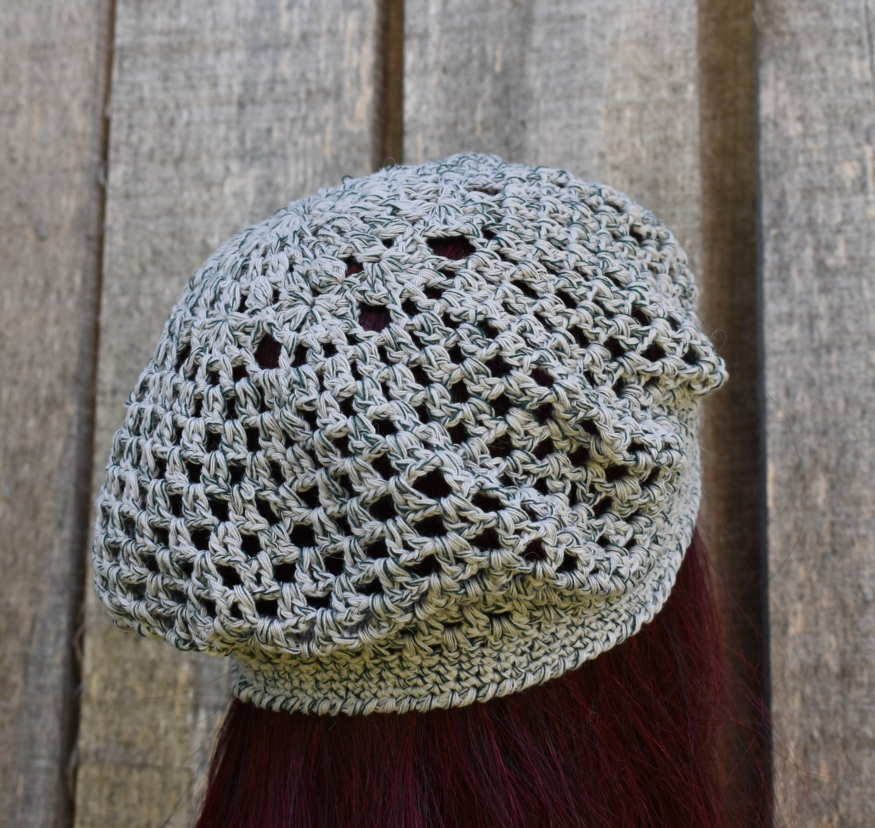 Crocheted gray green cotton summer beret, handmade lace French beret for women