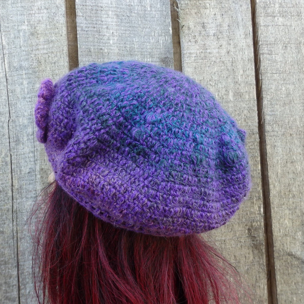 Hand crocheted Colorful Purple plain Beret with crochet flower